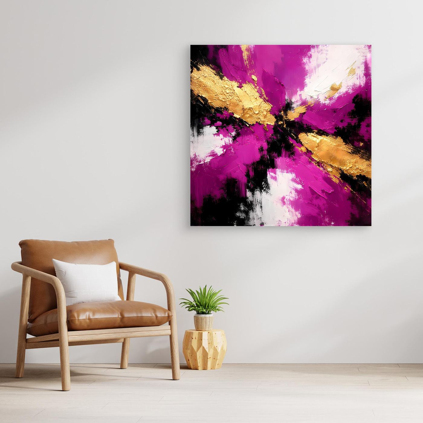 Leinwand Abstraktes Farbenspiel in Magenta und Gold | Modernes Expressives Wandbild