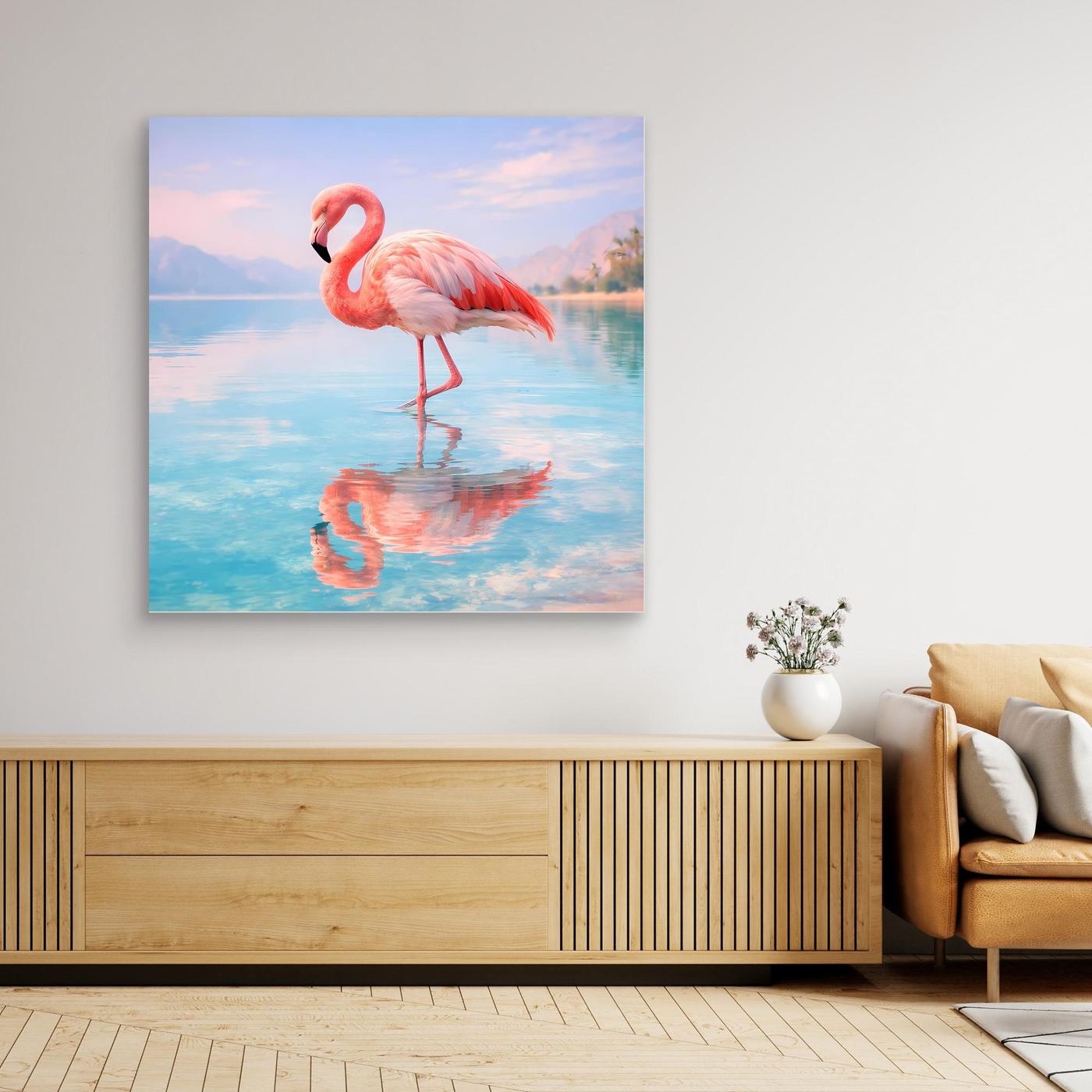 Leinwand-Wandbild mit rosa Flamingo am See, Spiegelung, ruhige Pastelllandschaft