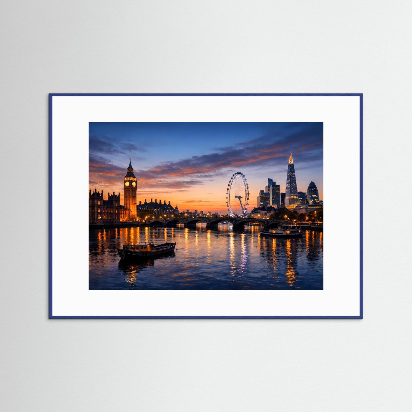 Gerahmtes Poster mit dunkelblauem Holzrahmen: London Eye über der Themse