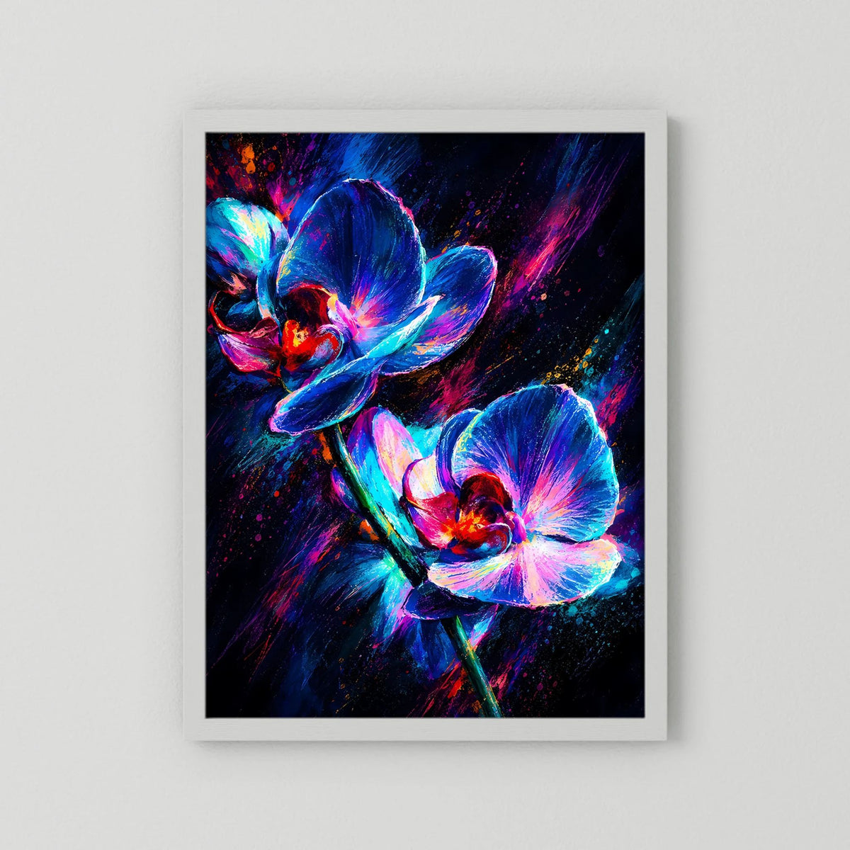 Hochformat-Poster: Neon-Orchideen in Blau & Pink, abstrakte Blumen, weißer Rahmen