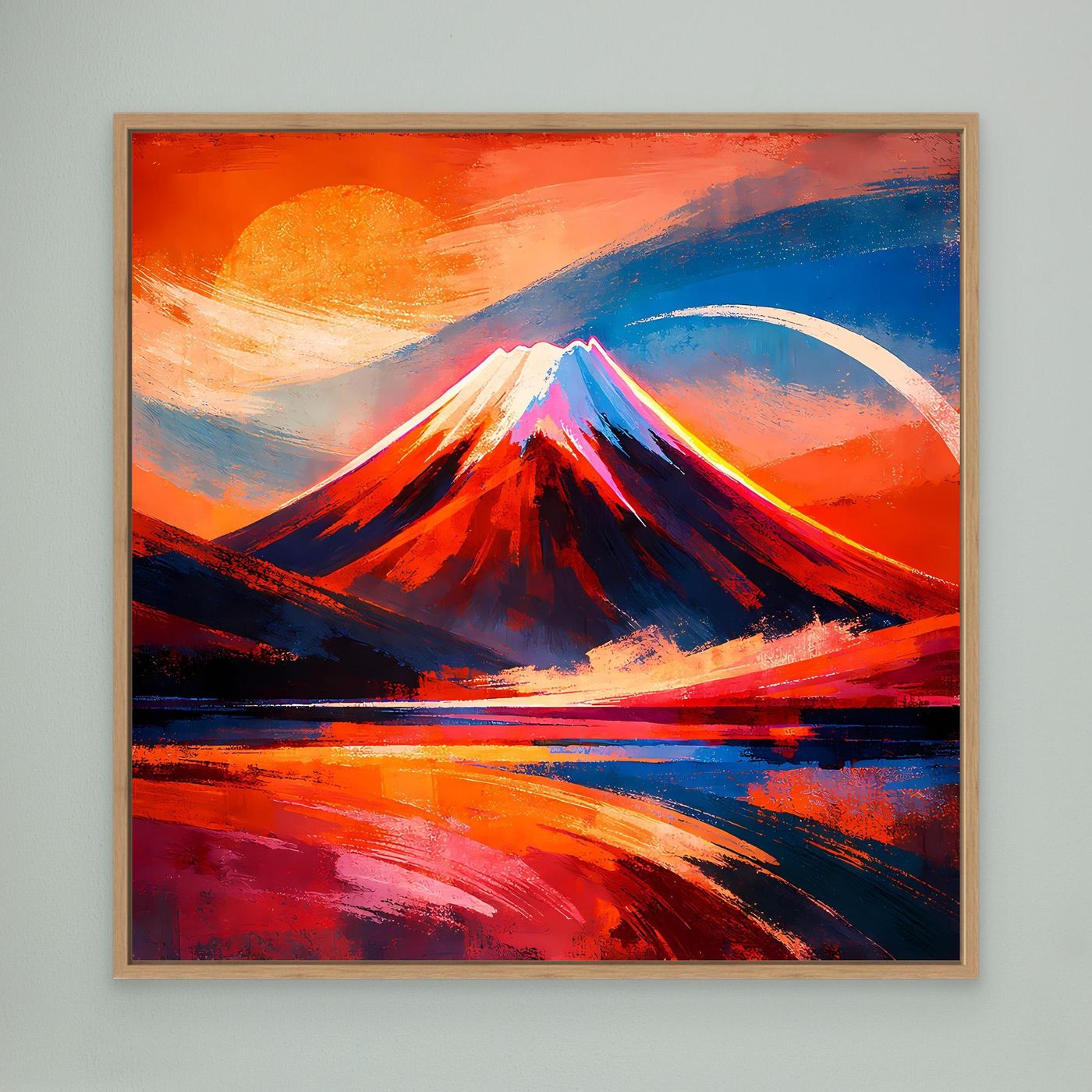 Abstraktes Leinwandbild mit Bergmotiv, Rot- und Blautöne, Eichenrahmen
