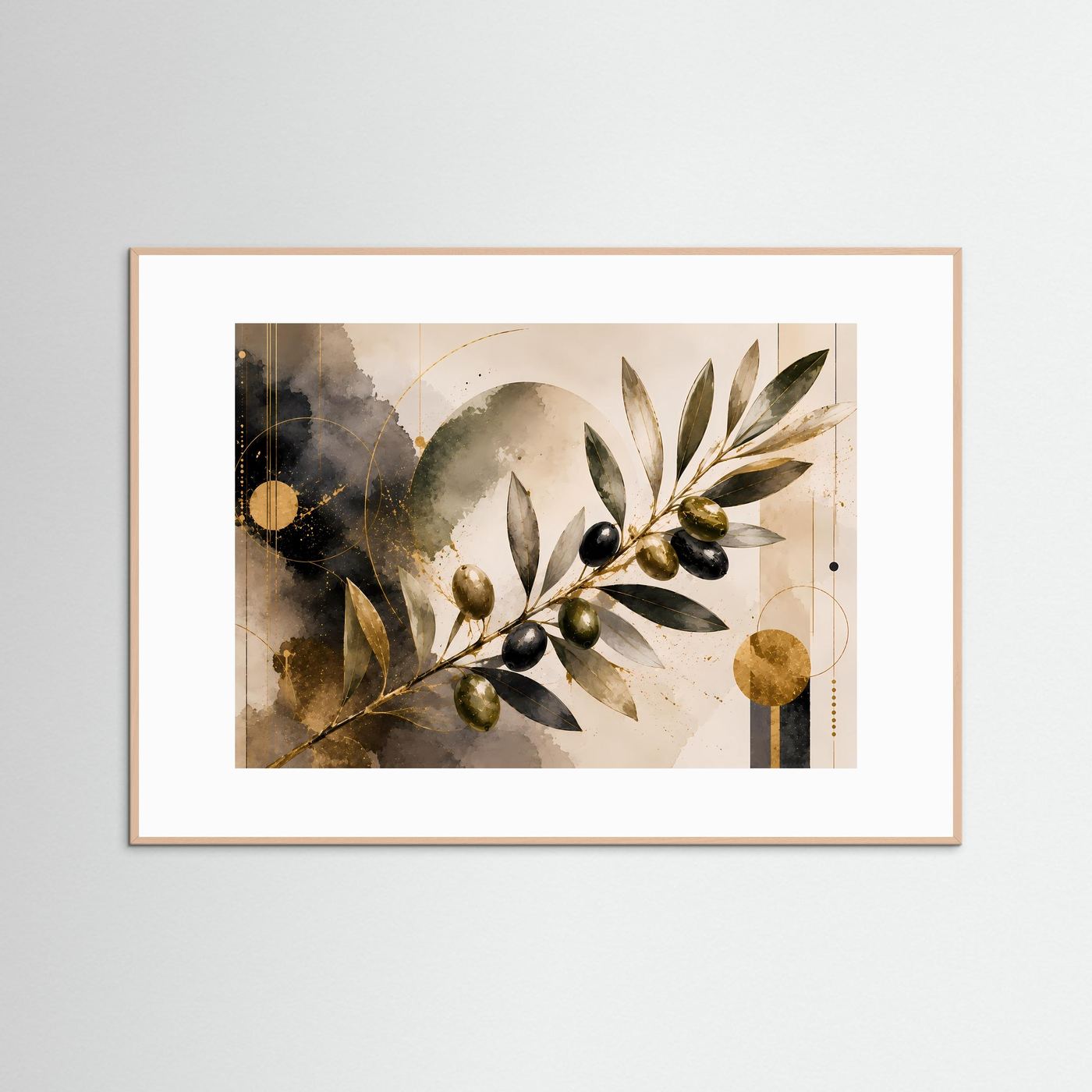 Gerahmtes Poster mit Olivenzweigen in Schwarz und Gold, Querformat, goldbrauner Holzrahmen