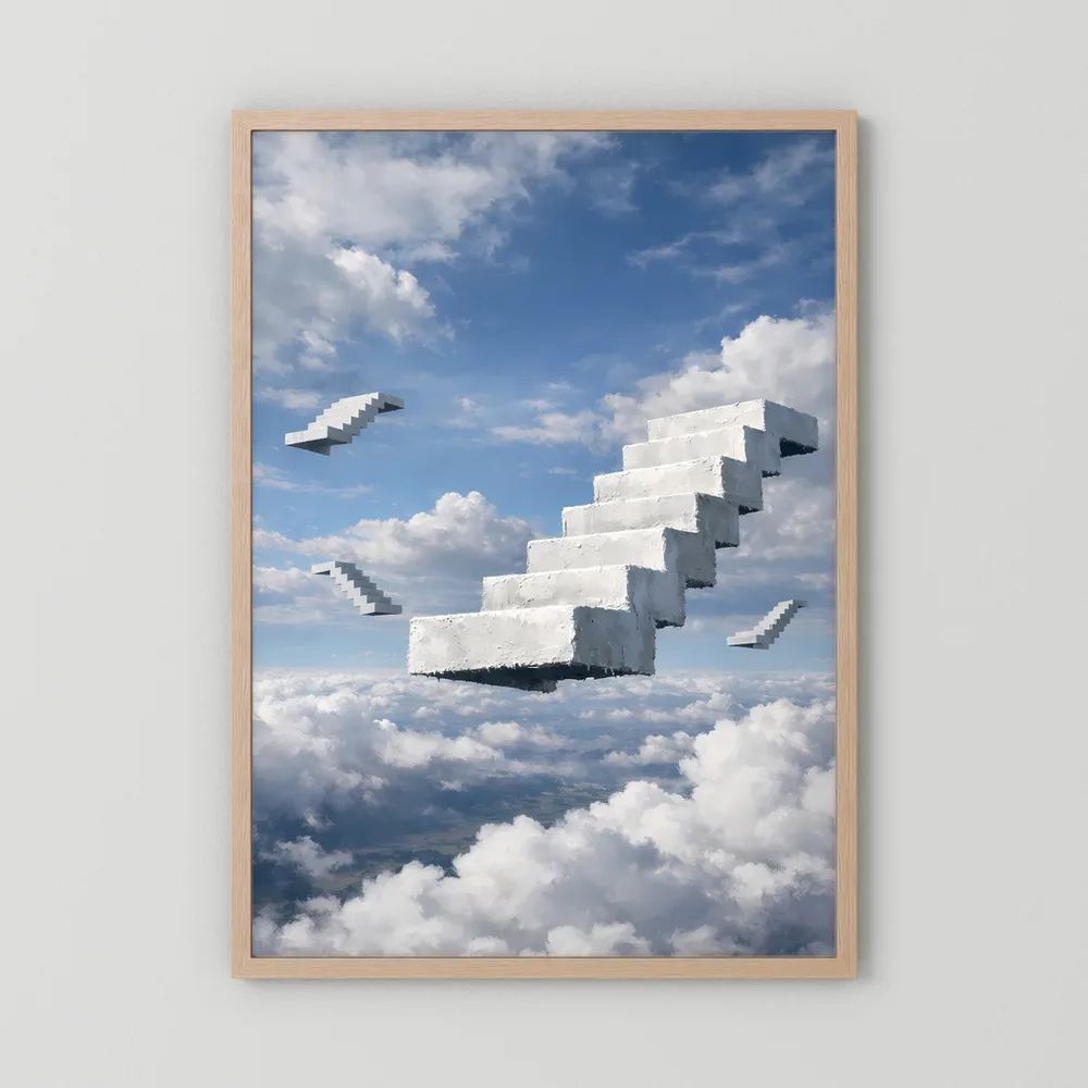 Hochformatiges Poster mit schwebender Treppe über Wolken, Holzrahmen in Eichenoptik