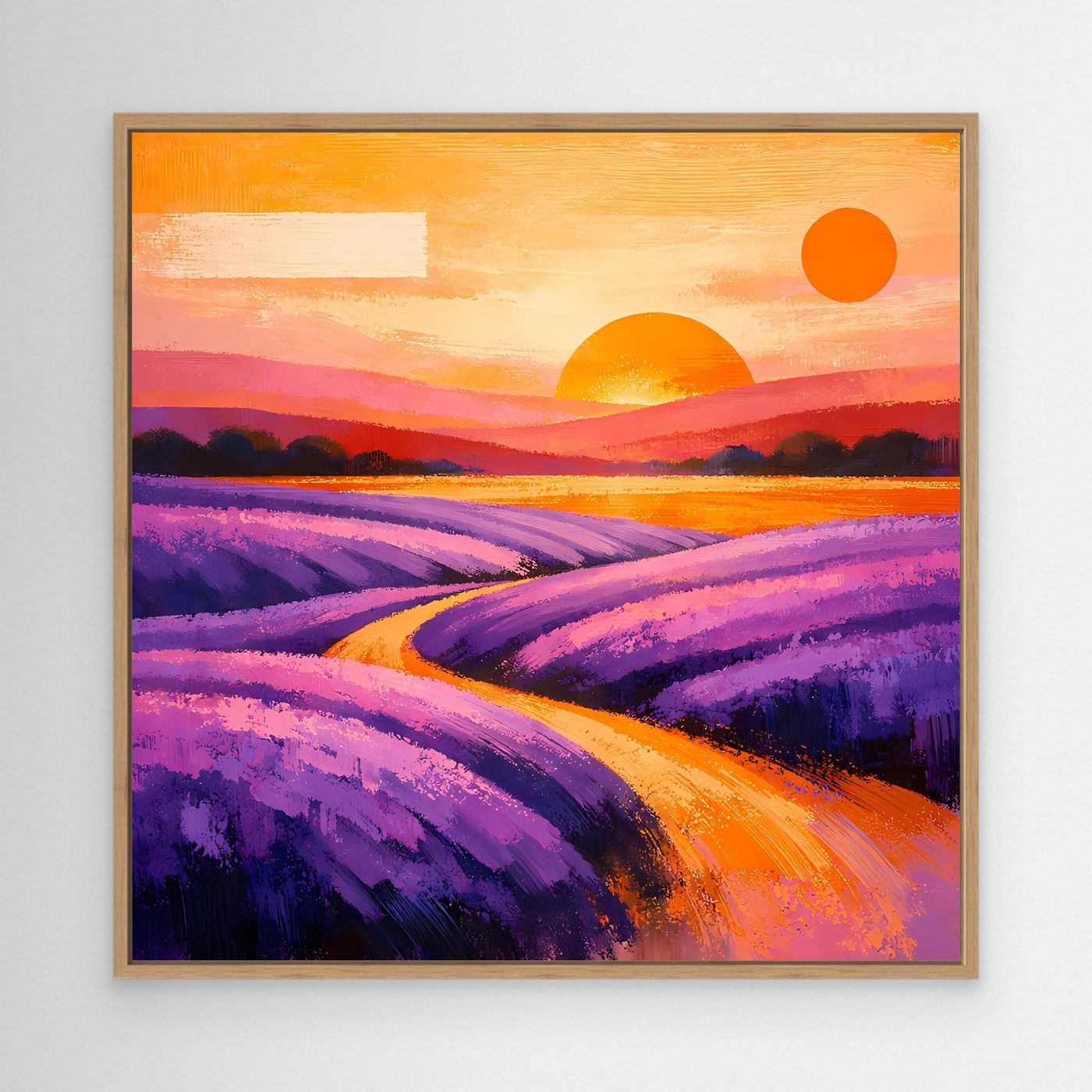 Leinwandbild mit abstraktem Lavendelfeld, Provence-Landschaft, brauner Rahmen, Lila und Orange