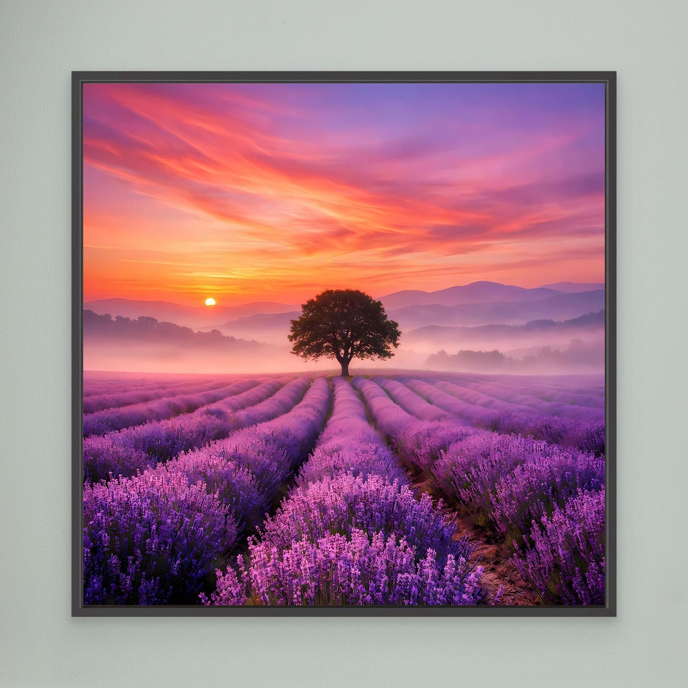 Lavendelfeld-Wandbild mit Sonnenuntergang, dunklem Rahmen und Baum im Feld