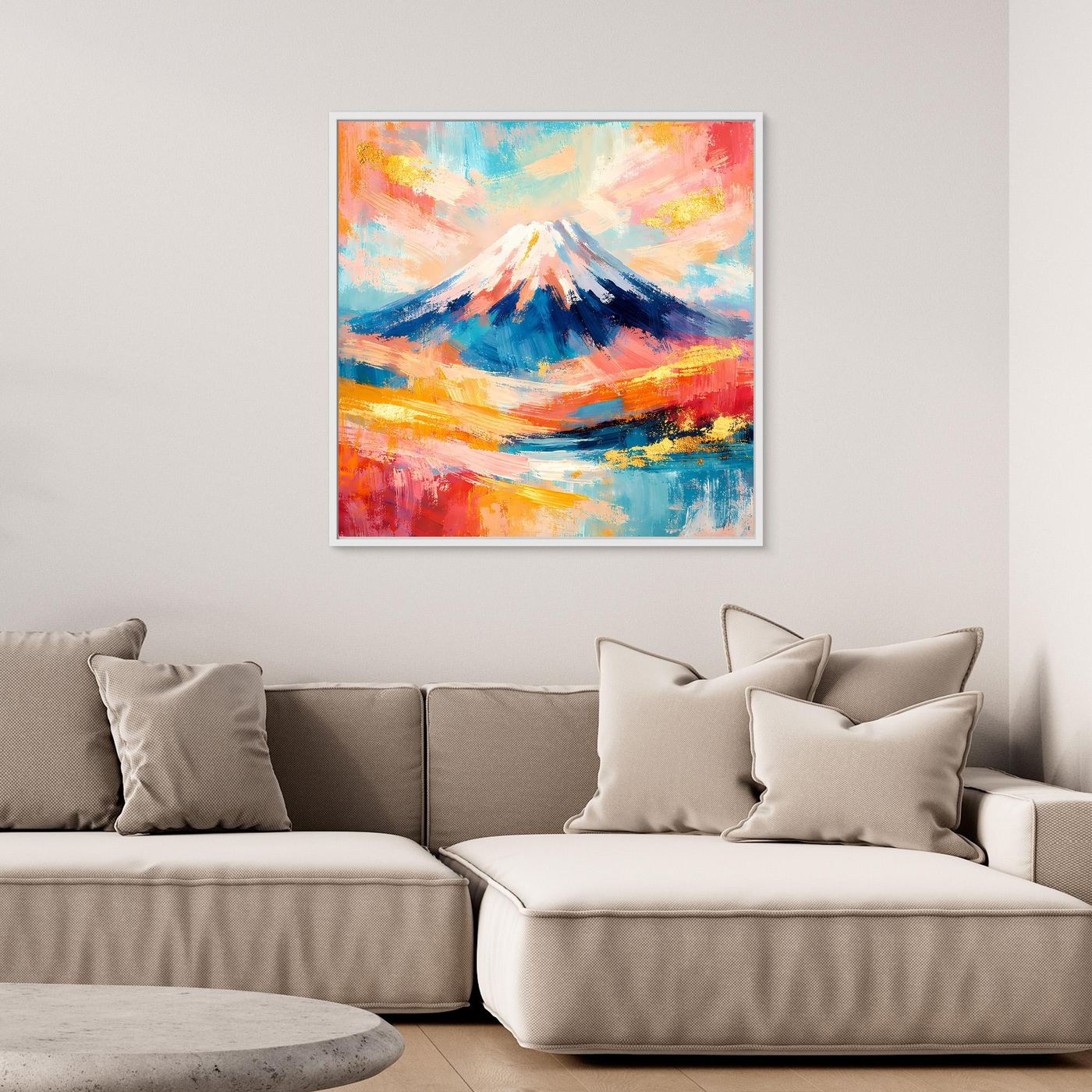 Leinwandbild mit abstraktem Mount-Fuji, bunte Berglandschaft, weißer Rahmen