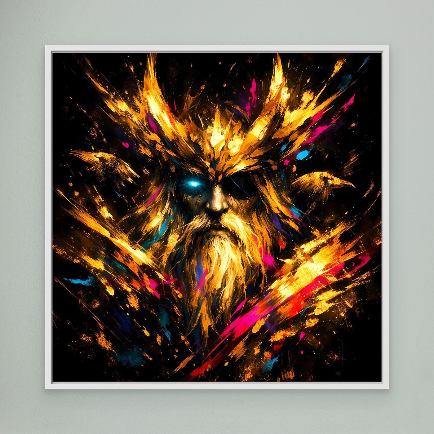 Leinwand Goldener Odin der Allvater mit Raben | Modernes Nordisches Mythologie Wandbild
