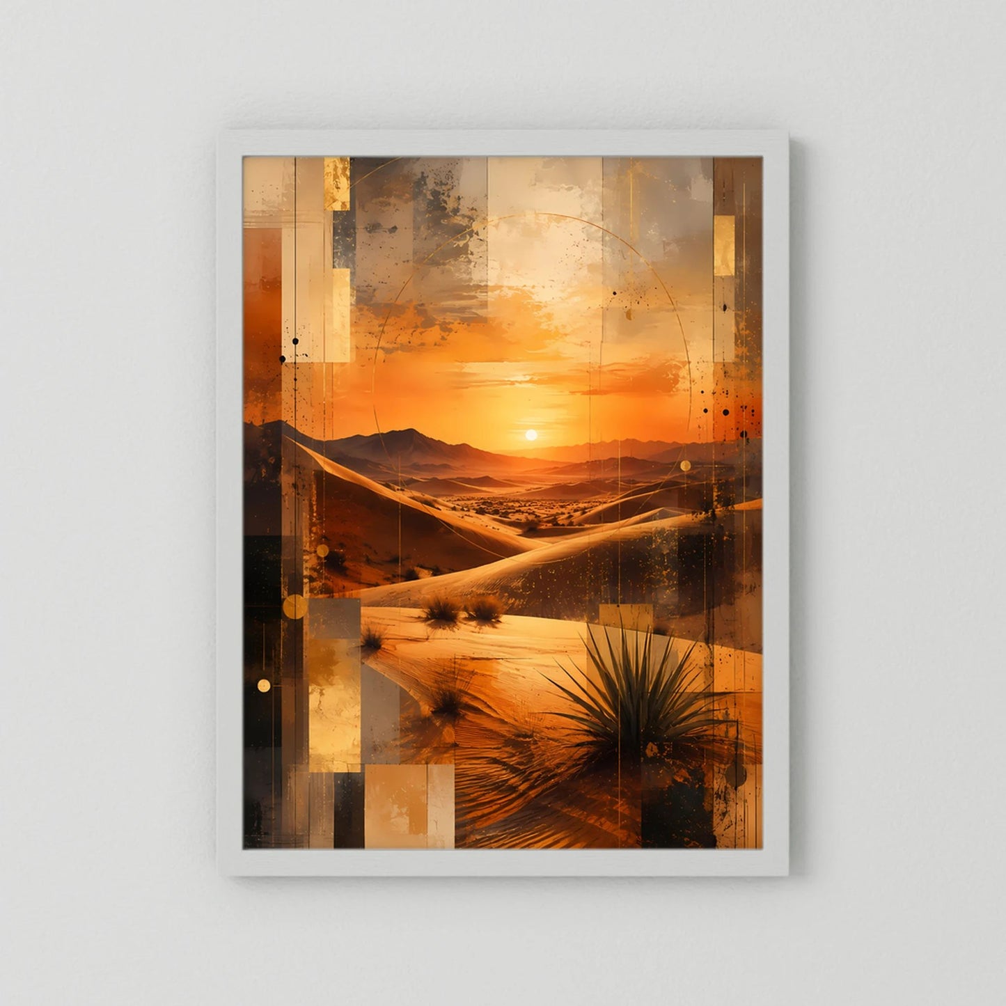 Wüstenlandschafts-Poster, Hochformat, weiß gerahmt; orange-schwarze Dünen mit weißem Rand