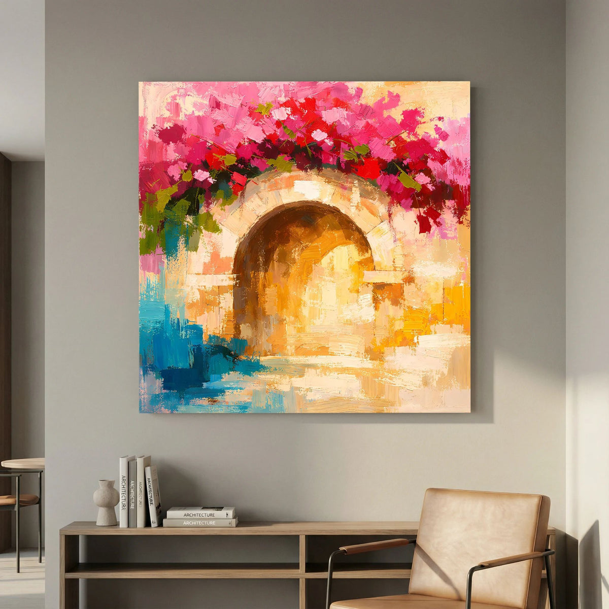 Leinwand-Wandbild mit abstraktem Torbogen, roten Bougainvillea-Blüten und Holzrahmen