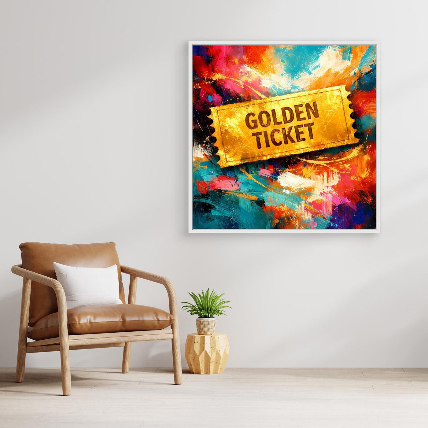 Gerahmtes Leinwandbild mit goldenem „Golden Ticket“-Schriftzug und buntem abstraktem Muster