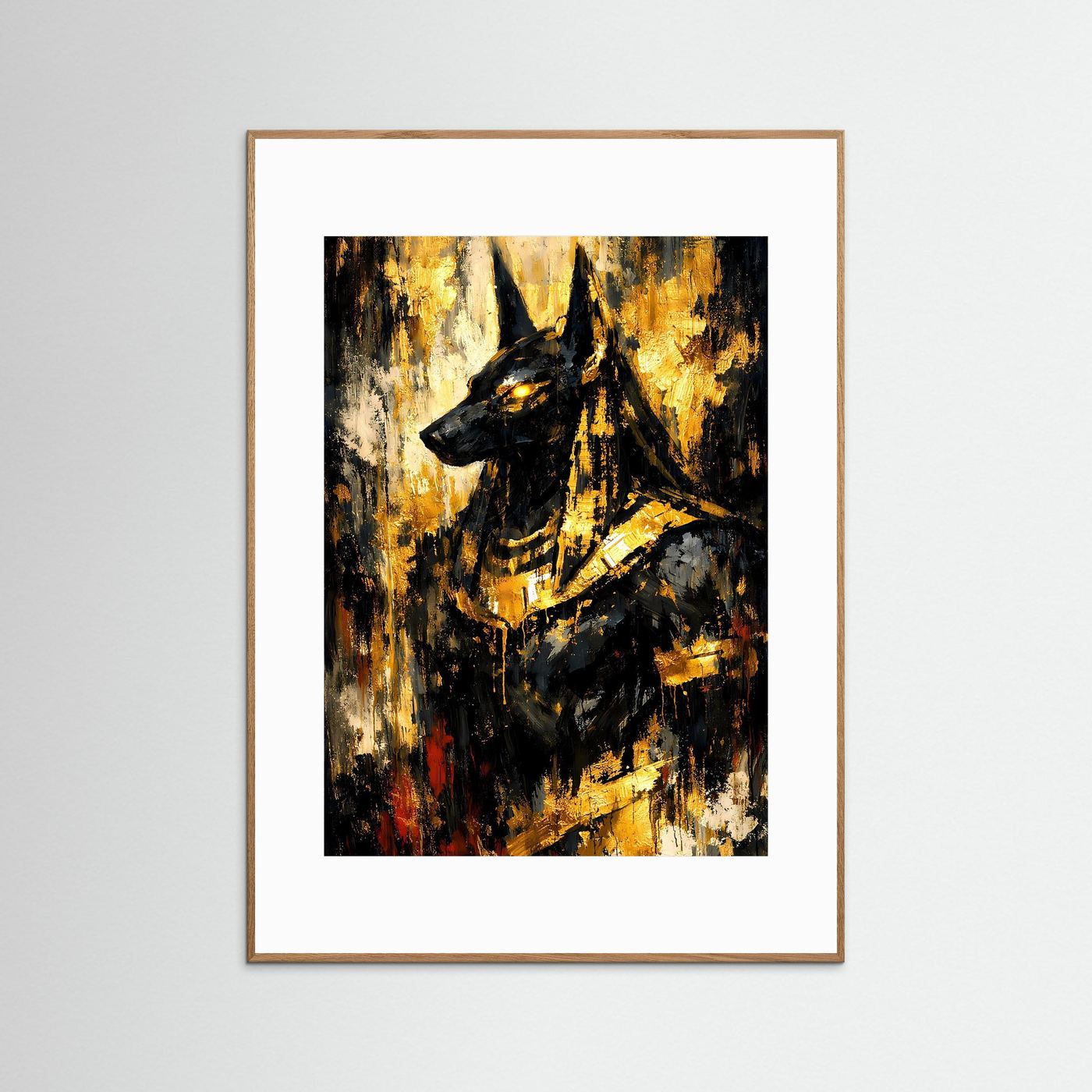 Abstraktes Anubis-Ägyptenposter im Hochformat, Gold und Schwarz, naturfarbener Holzrahmen