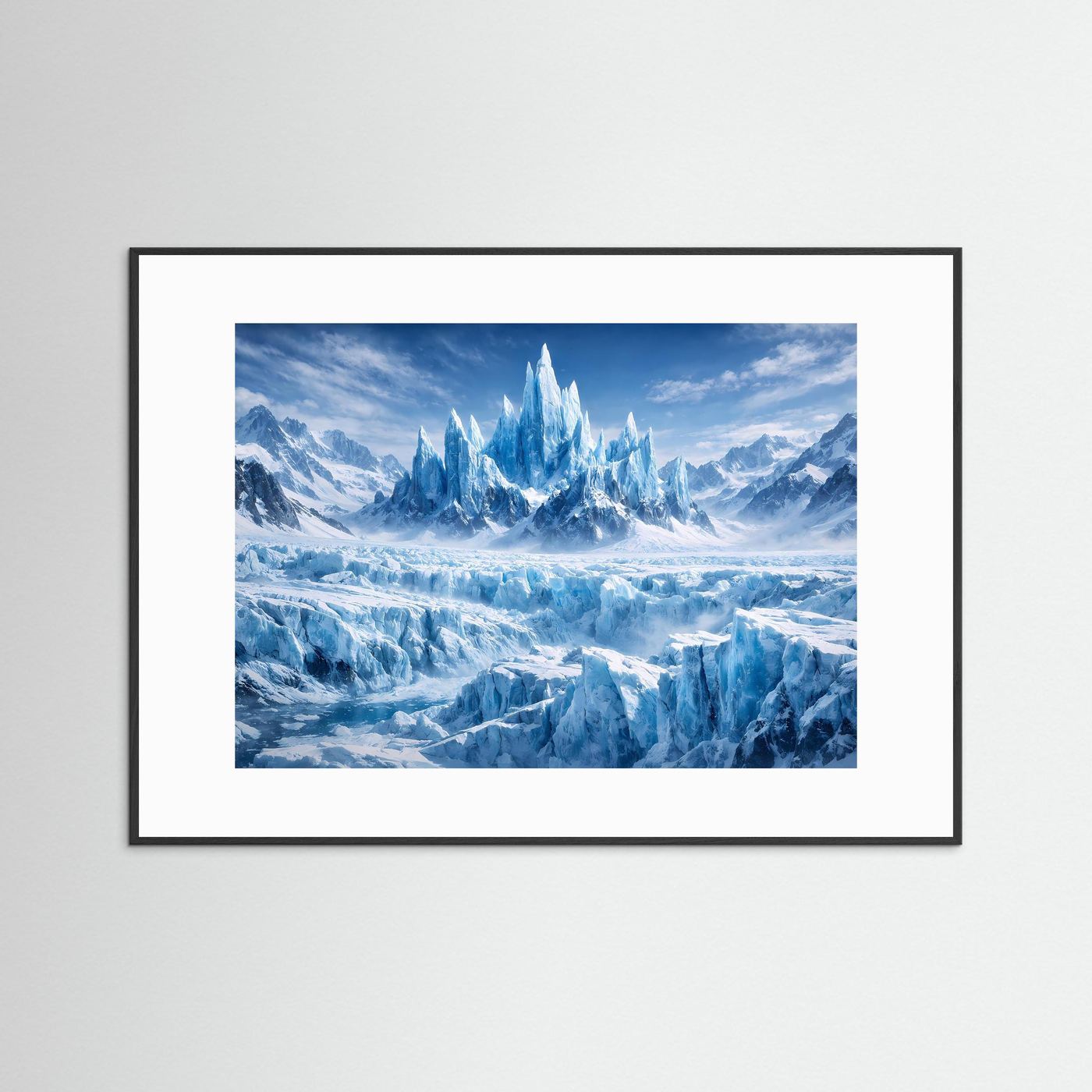 Querformatposter im schwarzen Holzrahmen mit weißem Rand und Eiskristall-Gletscherpanorama