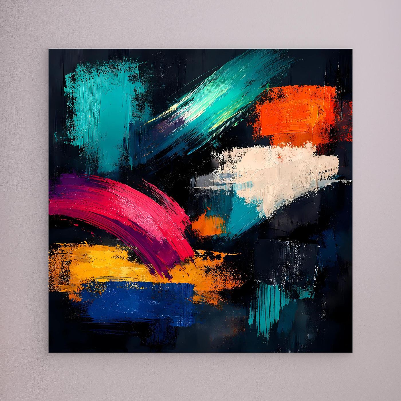 Leinwandbild mit abstrakten Pinselstrichen in Türkis, Orange, Pink, Gelb und Weiß