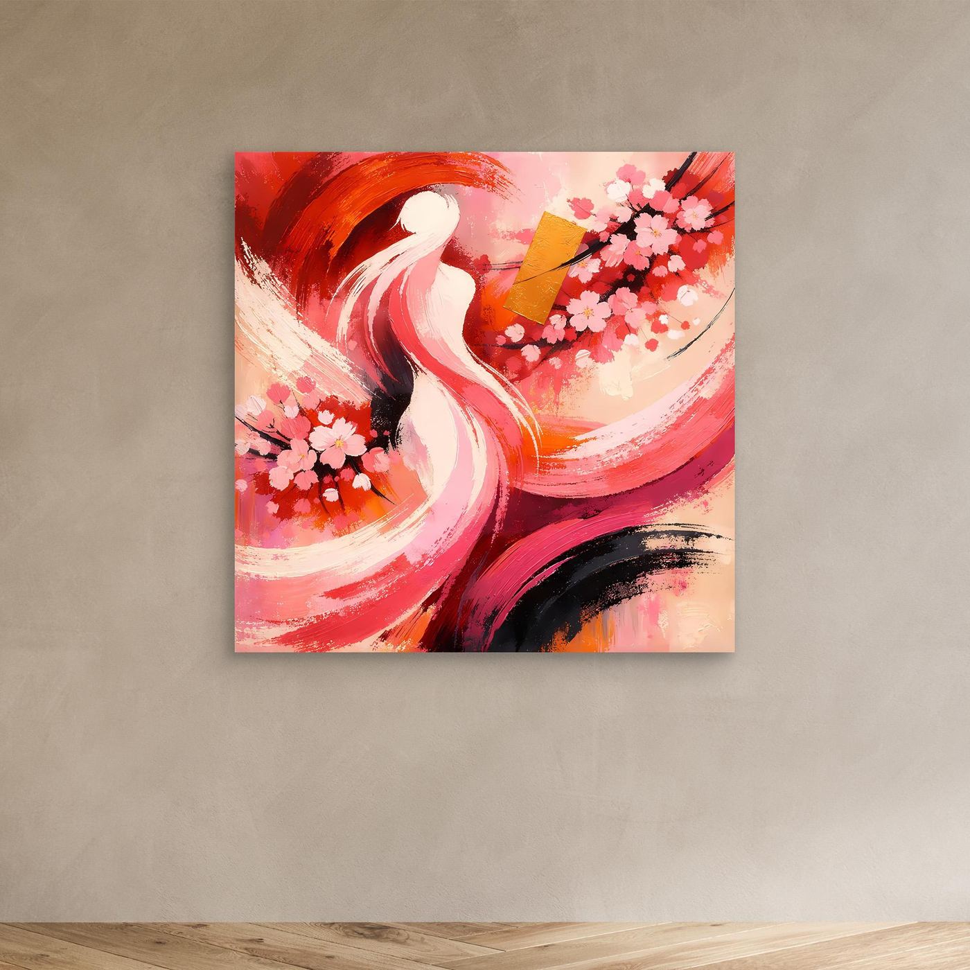 Abstraktes Wandbild: Kirschblüten, weiße Frauensilhouette und rote, rosa Pinselstriche