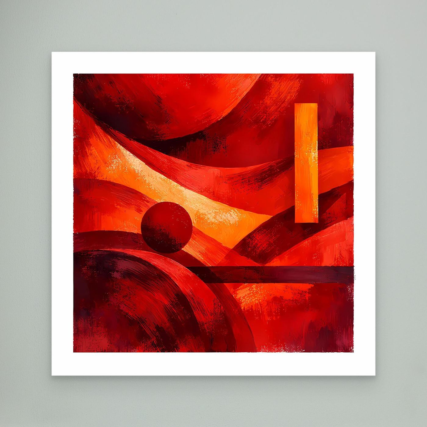 Leinwandbild mit abstrakten roten, orangefarbenen und schwarzen Formen, weiß gerahmt