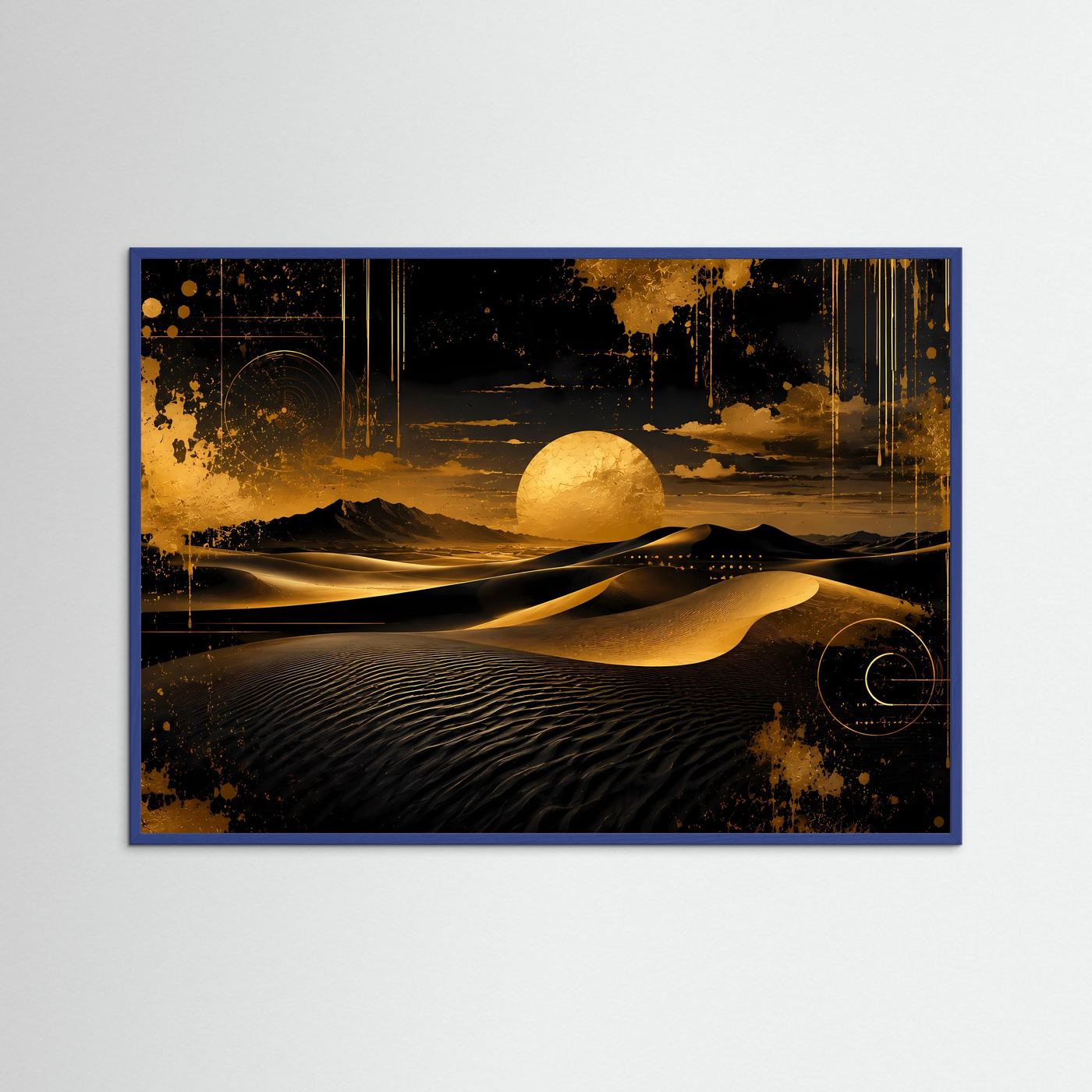 Abstraktes Dünen-Poster im Querformat, blauer Rahmen, goldene Landschaft mit Sandwellen