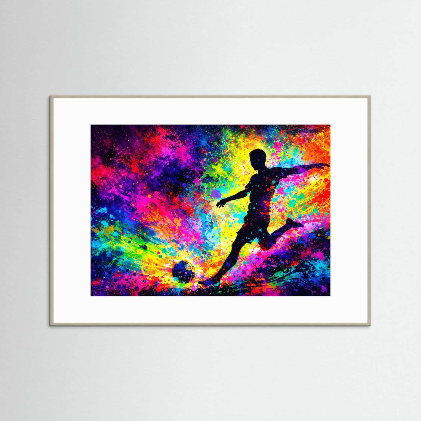 Sportposter im grauen Rahmen mit bunt gemaltem Fußballer-Silhouettenmotiv
