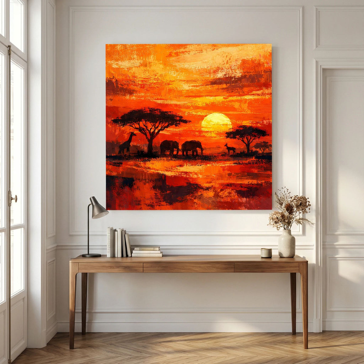 Leinwand-Wandbild: orange Sonnenuntergang über Savanne, dunkle Bäume und Tierfiguren als Silhouetten