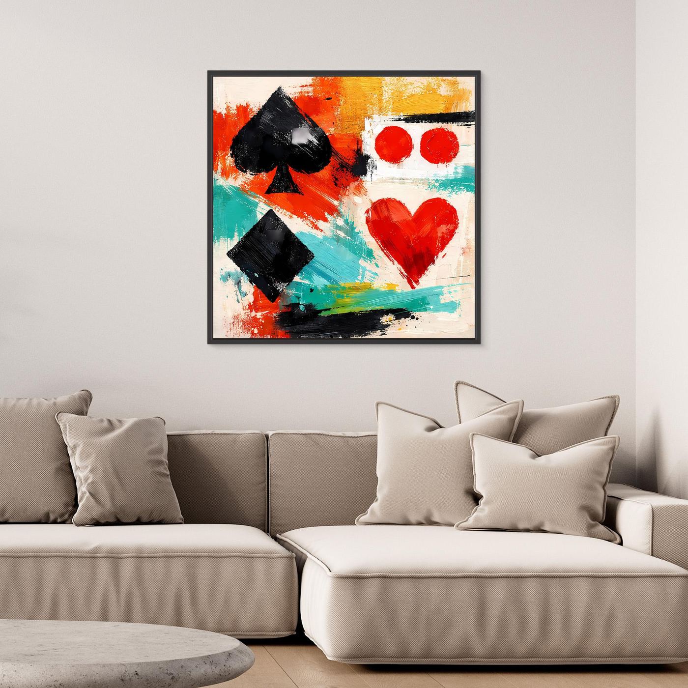 Abstract canvas wall art with spade and heart shapes, black-framed.