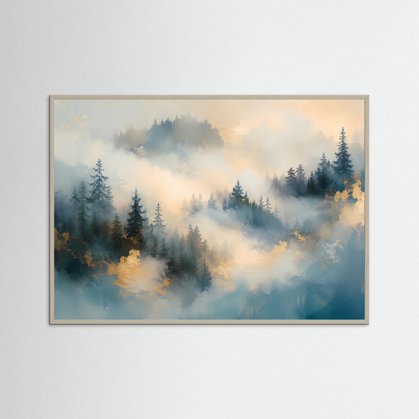 Nebelwald Poster | Mystischer Wald Wandbild | Abstrakte Landschaftskunst in Gold und Blau