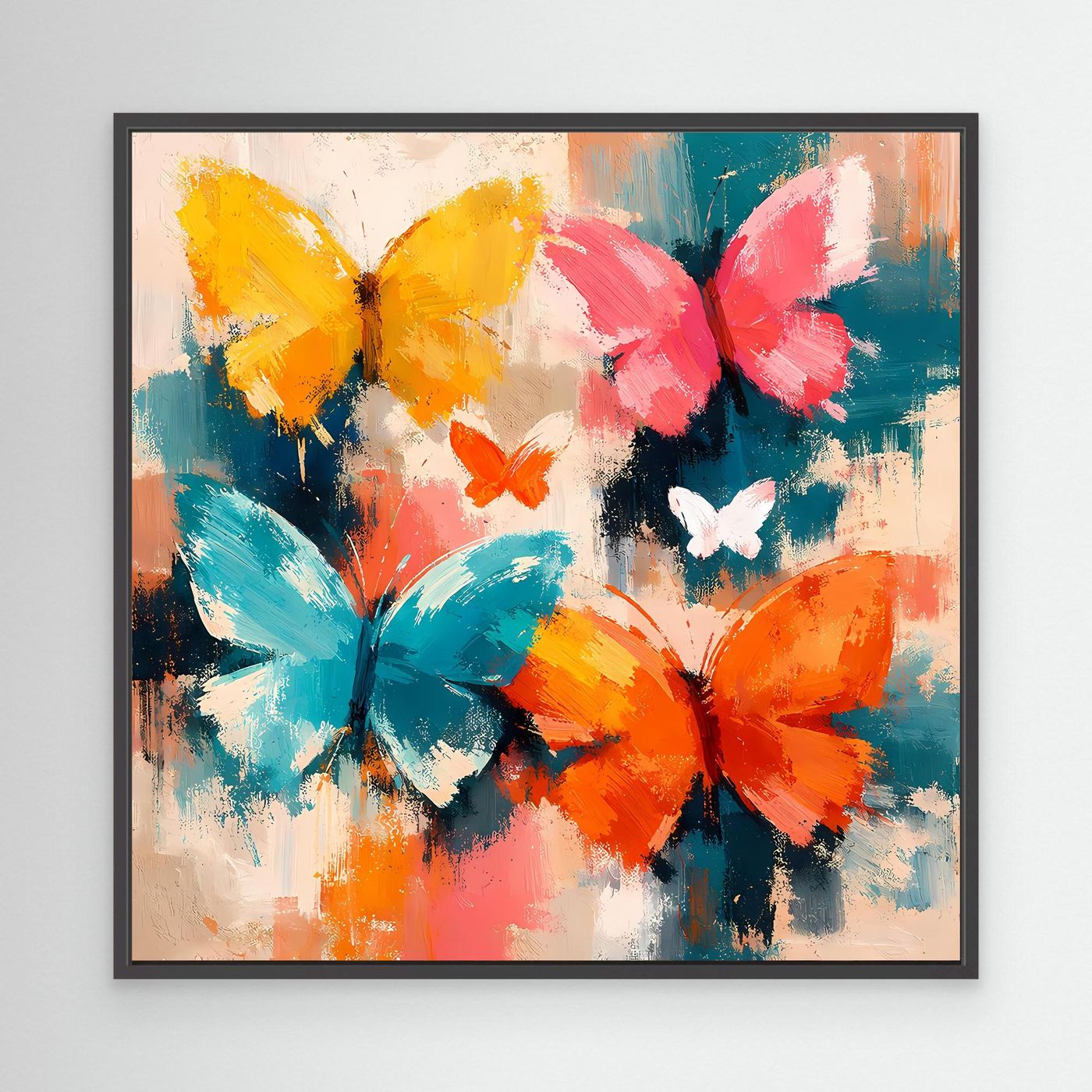 Leinwand Farbenfrohe Schmetterlinge im Flug | Abstraktes Natur & Frühling Wandbild
