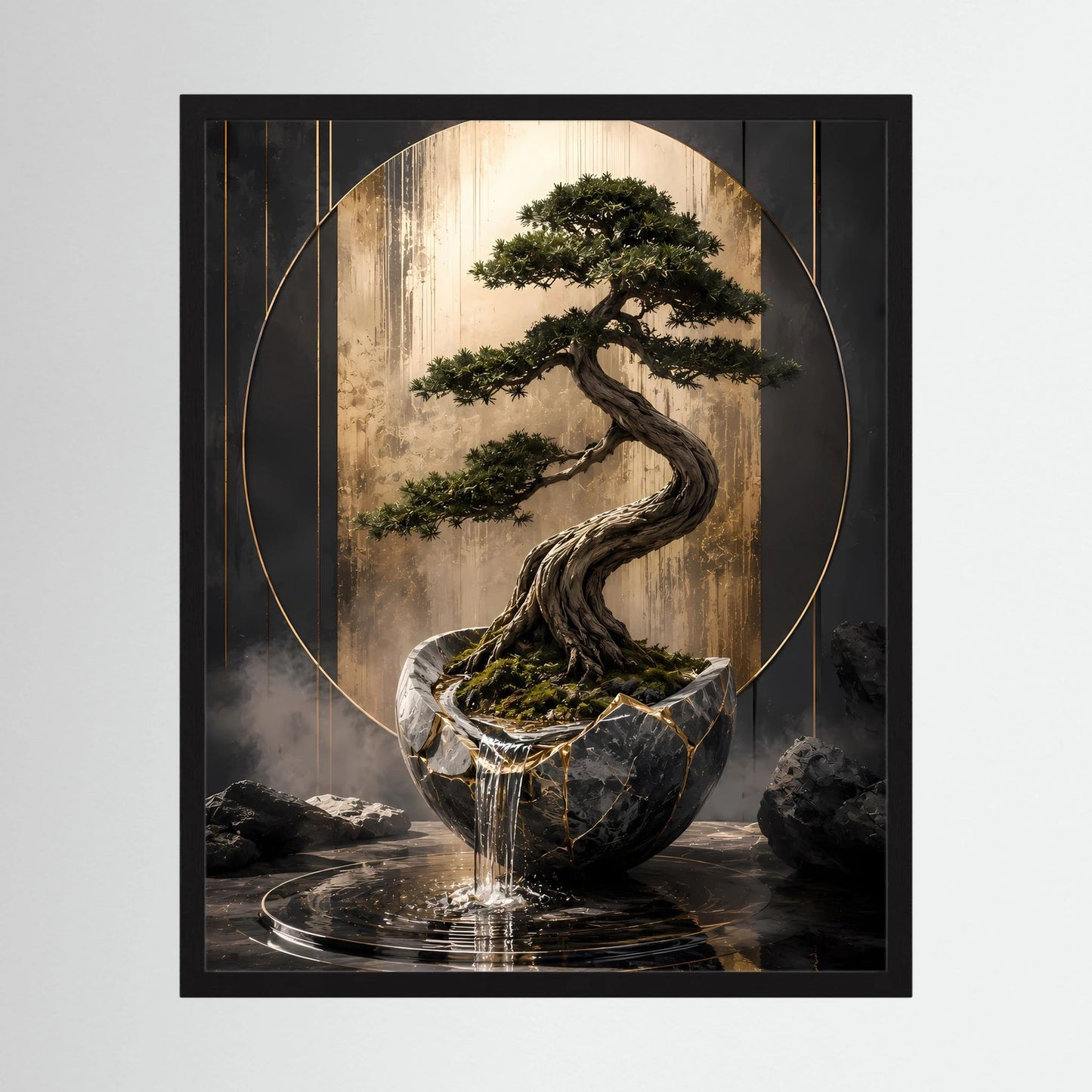 Hochformat-Poster mit Bonsai im schwarzen Pflanzgefäß und goldenen Kreisbögen
