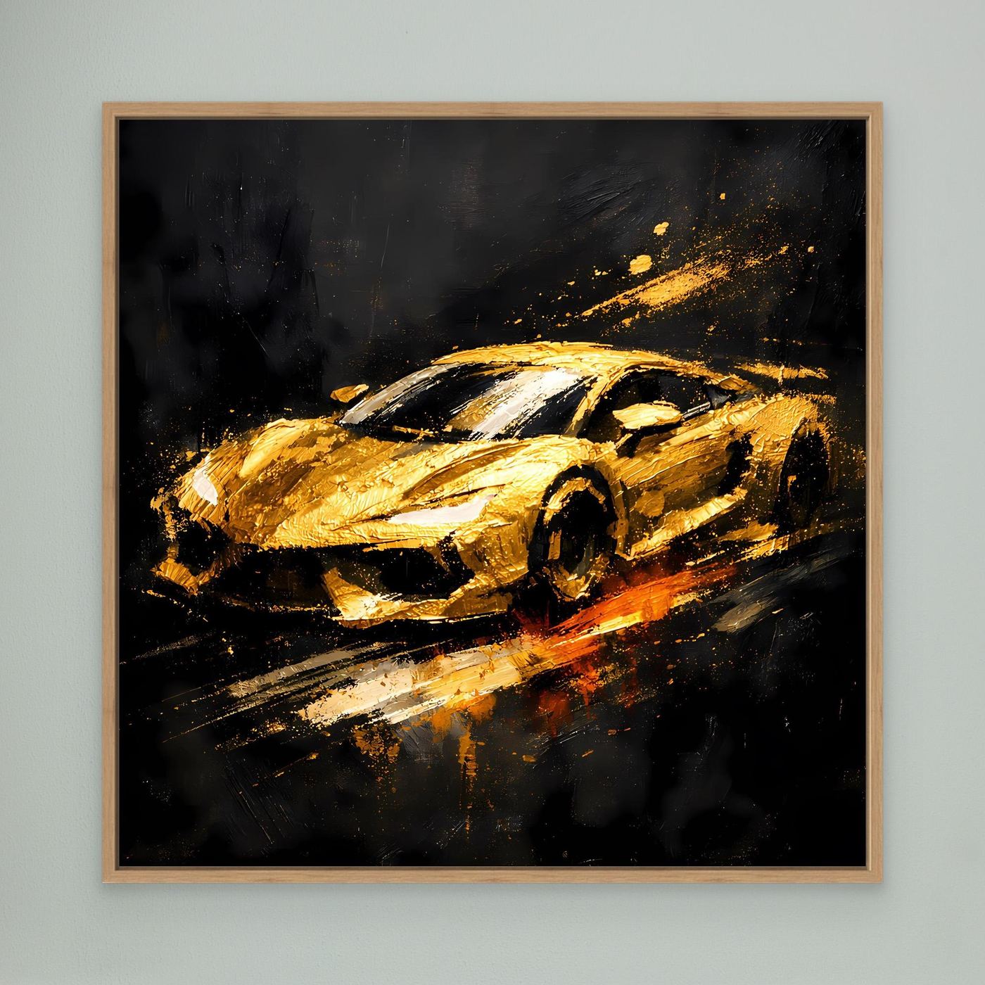 Leinwand Goldener Sportwagen Abstrakt | Modernes Rennwagen Wandbild Schwarz Gold