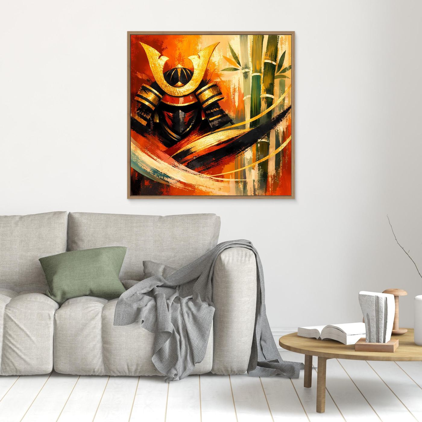Quadratisches Leinwandbild mit Samurai und Bambus, Goldhelm, orange-grüne Farbflächen, goldbrauner Rahmen