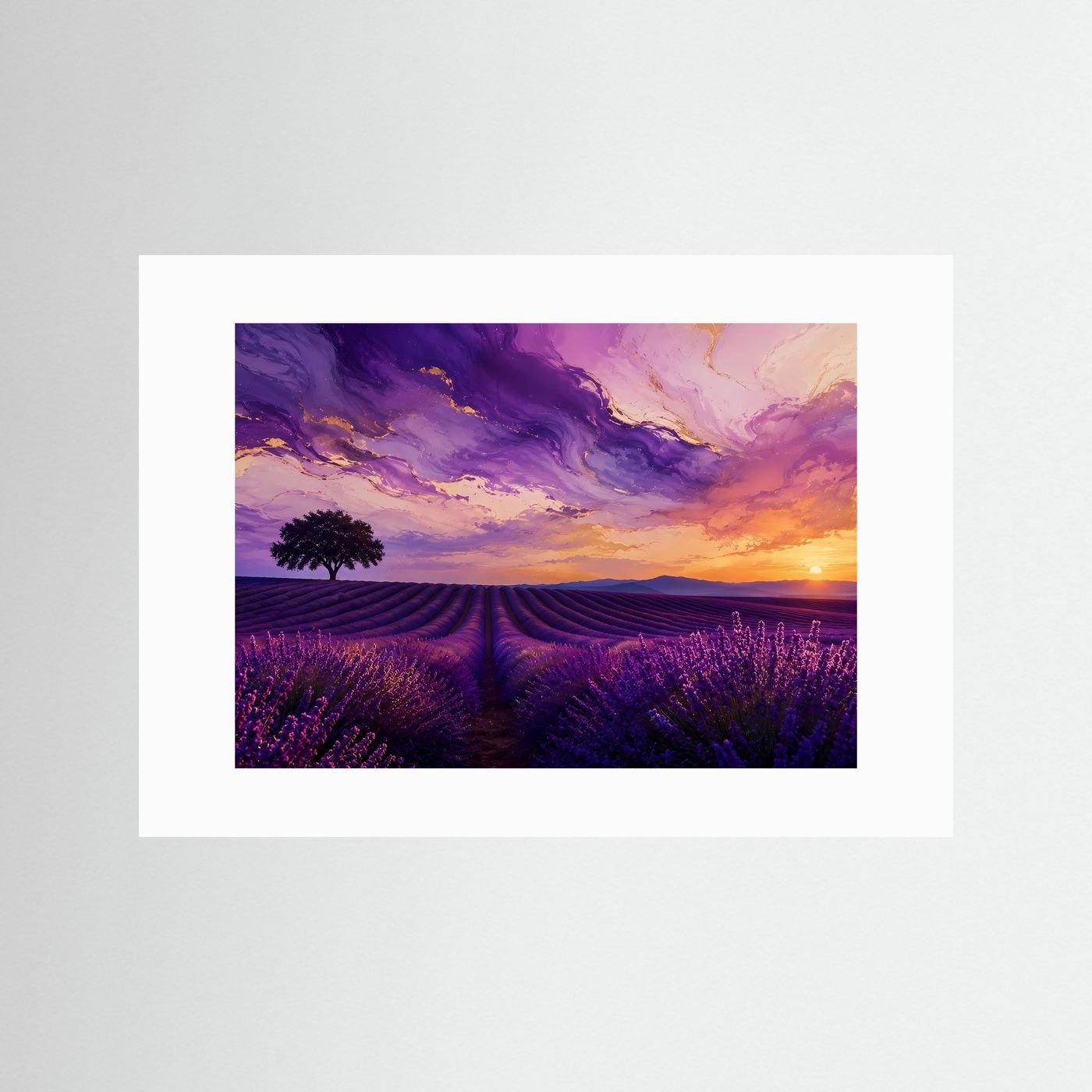 Lavendelfeld Sonnenuntergang Poster Querformat | Provence Landschaft Wandbild | Modernes Lavendel Naturbild in Lila