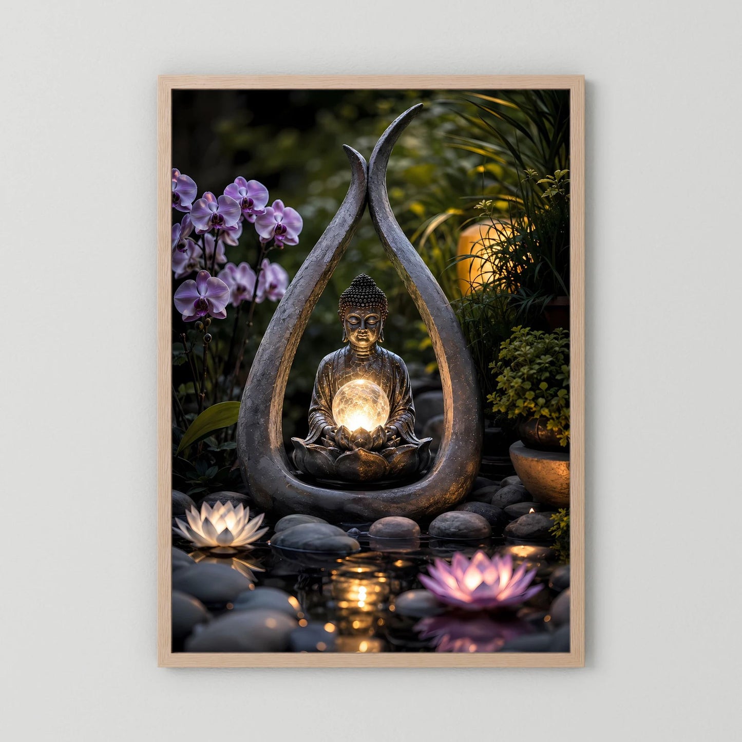Gerahmtes Poster: Goldener Meditations-Buddha mit Lichtkugel, Lotus und violetten Orchideen