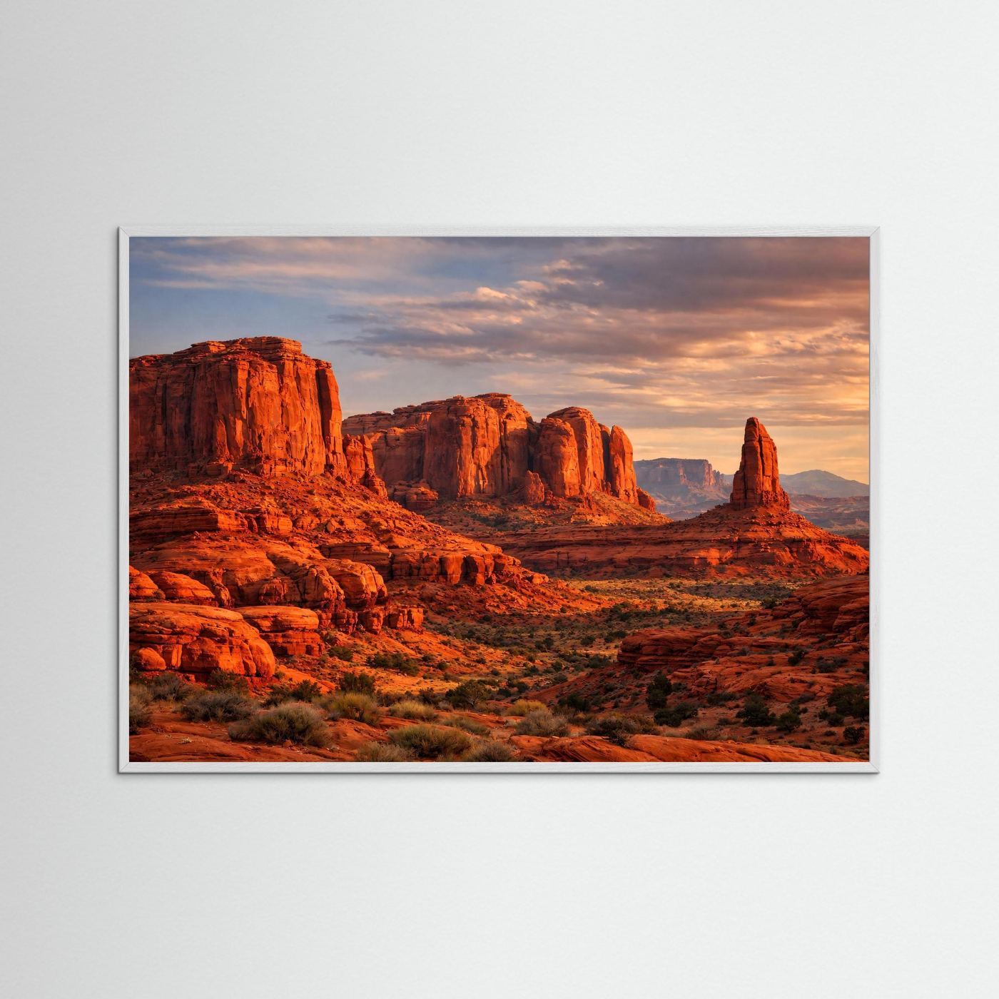 Wandbild mit rotem Felsencanyon bei Abendhimmel, grauer Rahmen