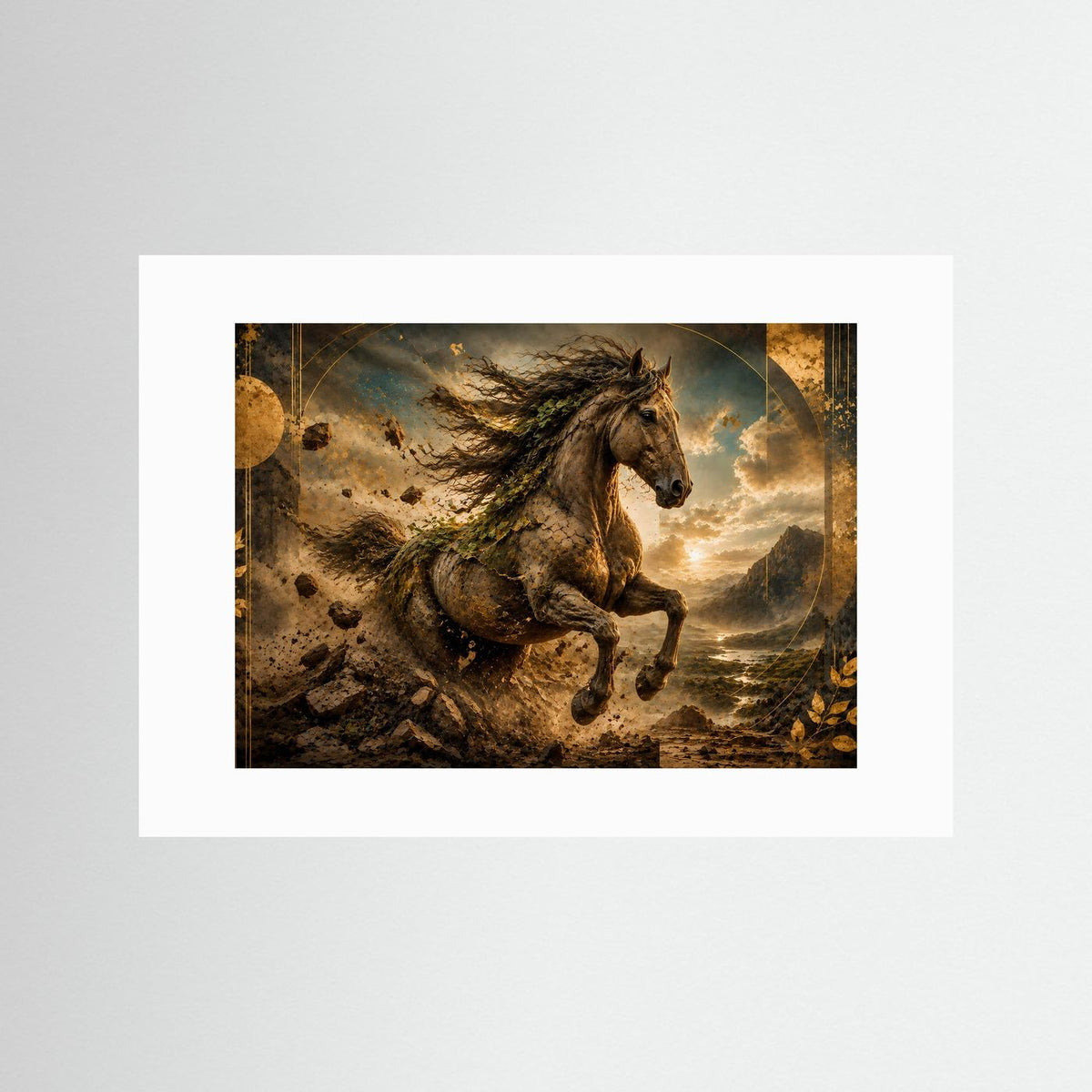 Querformat-Poster mit weißem Passepartout: galoppierendes Pferd in Braun, Gold und Dunkelbraun.