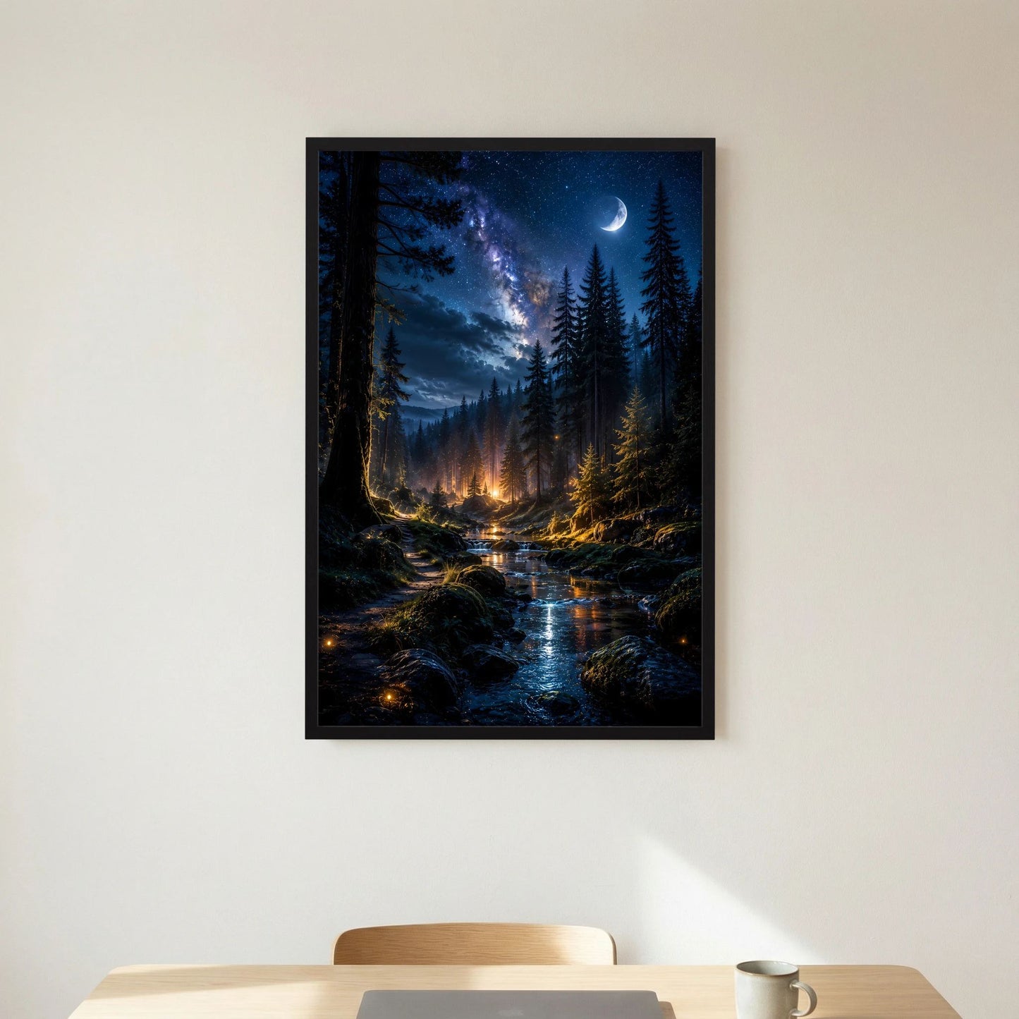 Poster Hochformat mit schwarzem Rahmen: Waldnacht mit Sternenhimmel und Bachlicht