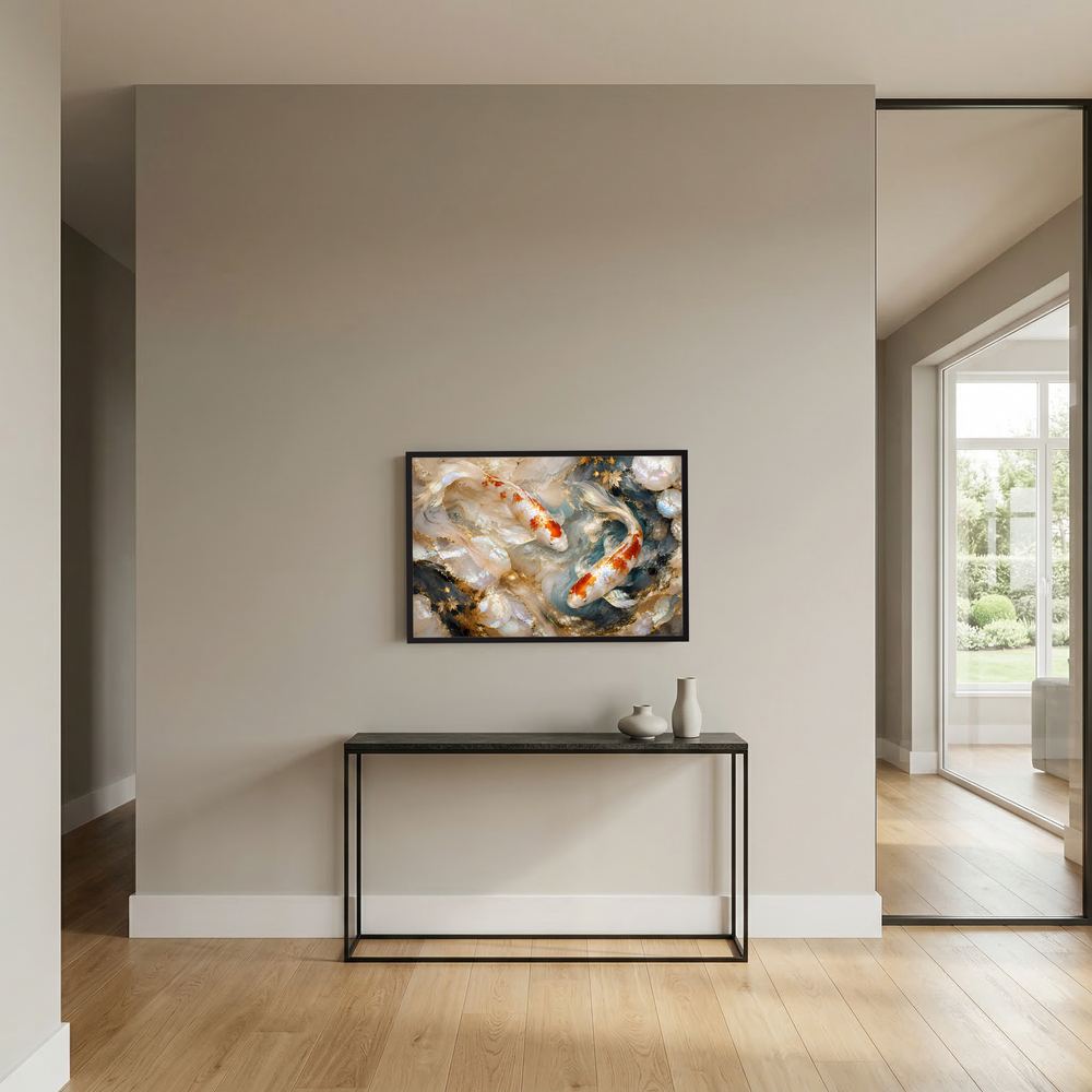 Kleines Querformat-Poster mit Koi-Fischen in Perlmutt- und Goldtönen, schwarzer Rahmen