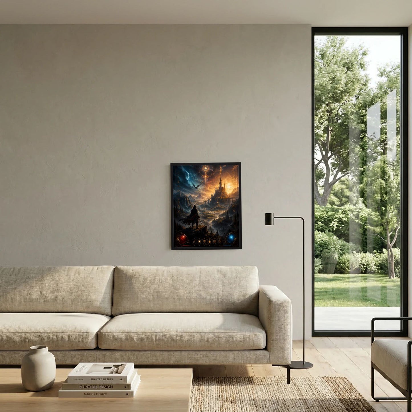 Kunstposter im Hochformat im schwarzen Rahmen mit Fantasy-Schloss, Krieger und Drachen-Szene
