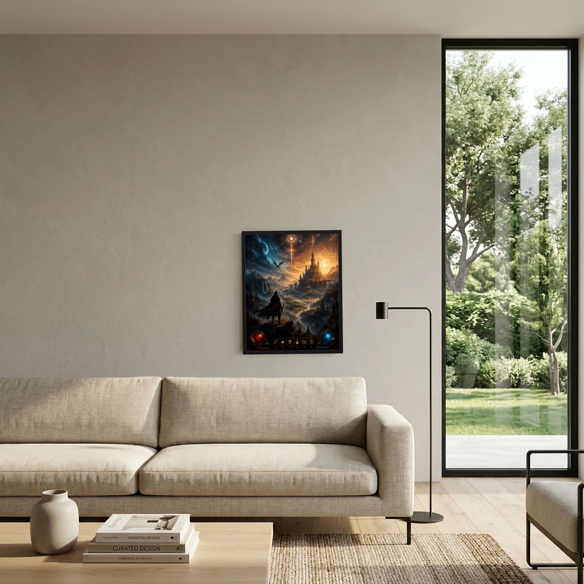 Kunstposter im Hochformat im schwarzen Rahmen mit Fantasy-Schloss, Krieger und Drachen-Szene