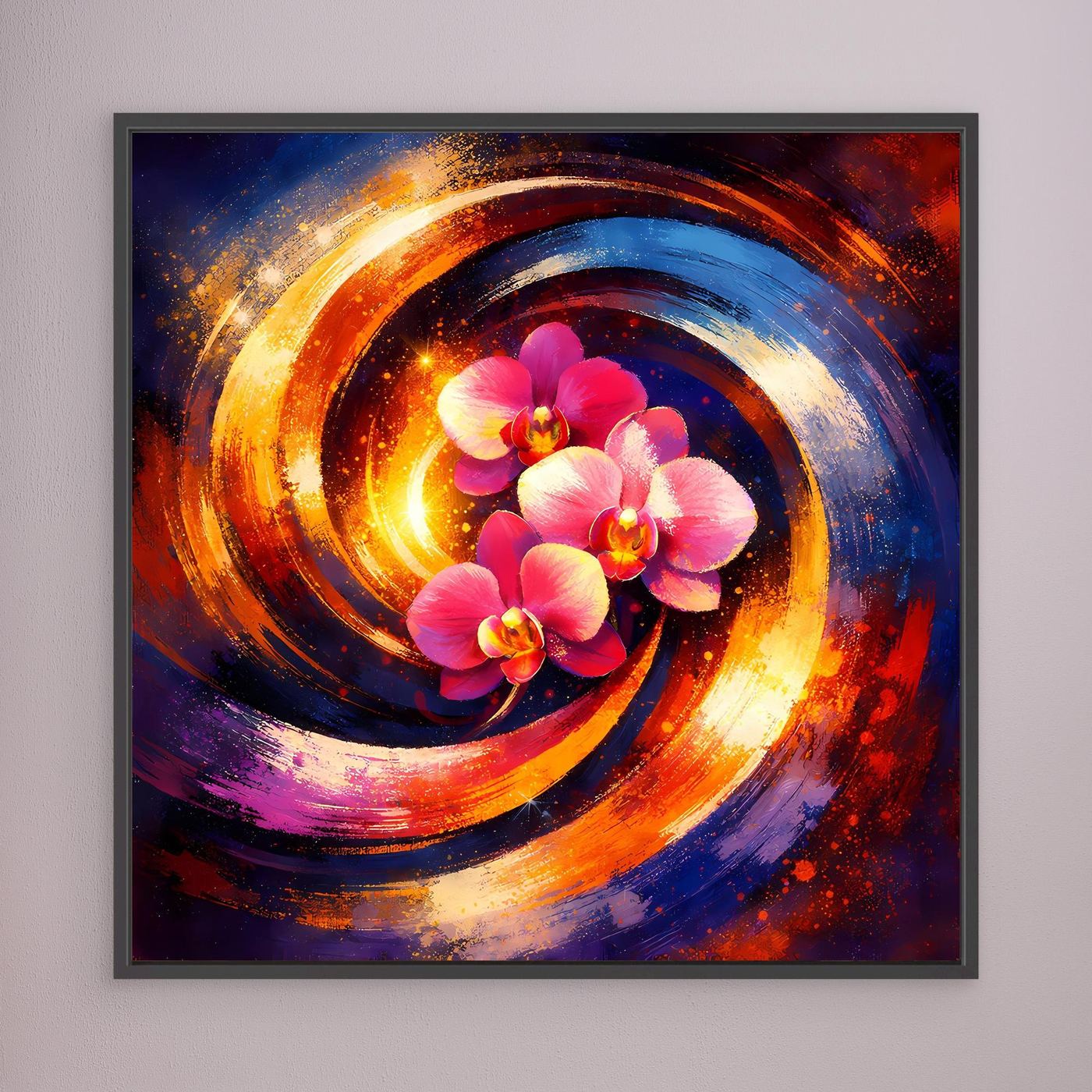Abstraktes Leinwandbild mit pinken Orchideen und rot-blauen Spiralen, dunkel gerahmt