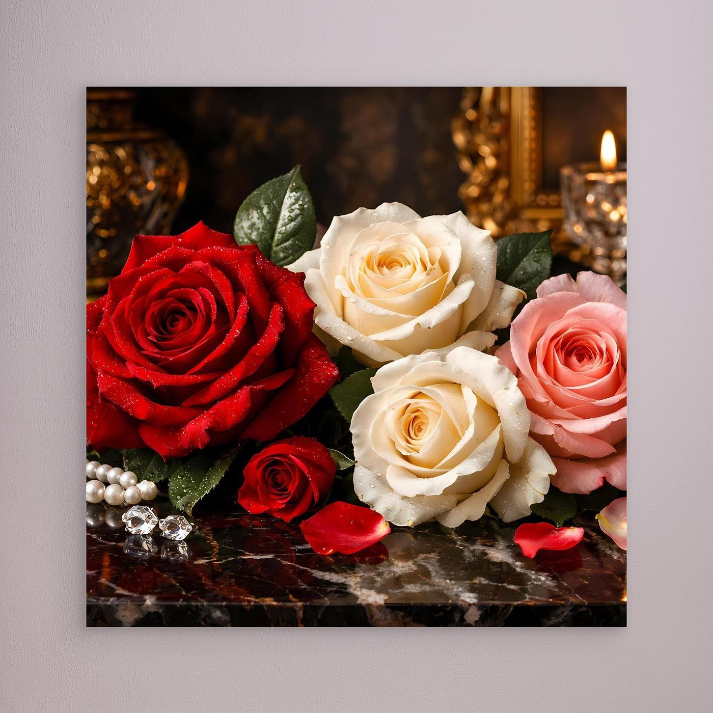 Leinwandbild mit Rosenstillleben: rote, weiße und rosafarbene Rosen, ohne sichtbaren Rahmen.