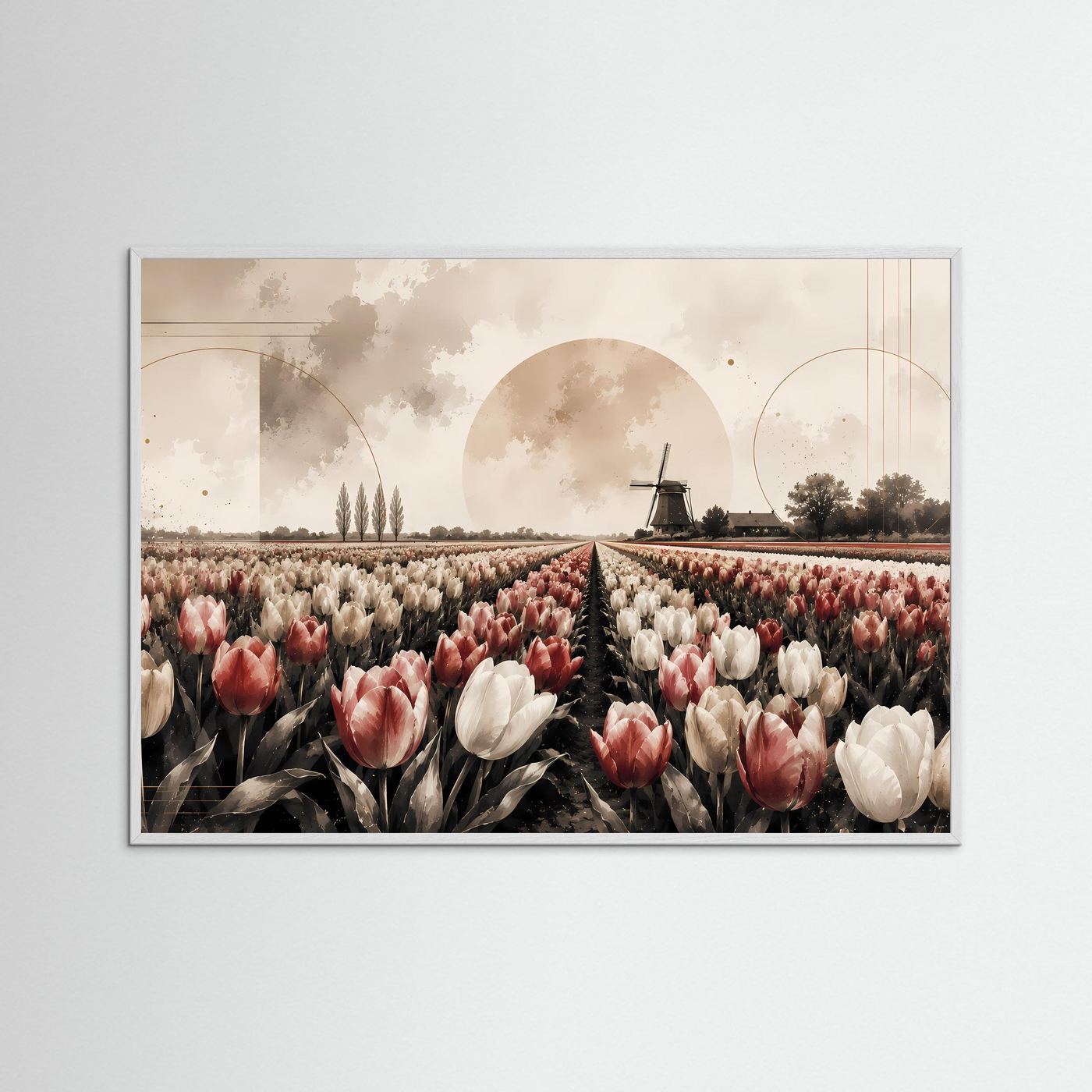 Poster Querformat mit Tulpenfeld und Windmühle, Beige-Rosa-Creme, weißer Holzrahmen