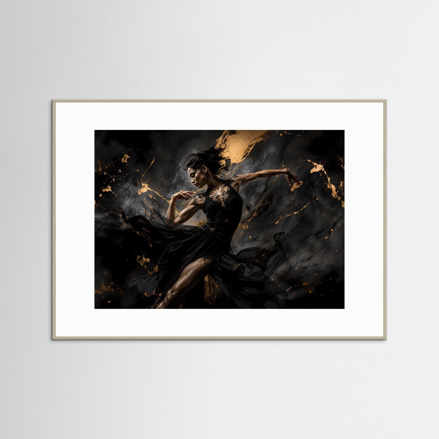 Elegante Tänzerin in Schwarz & Gold | Abstraktes Kunstposter im Querformat | Modernes Wandbild mit Goldakzenten