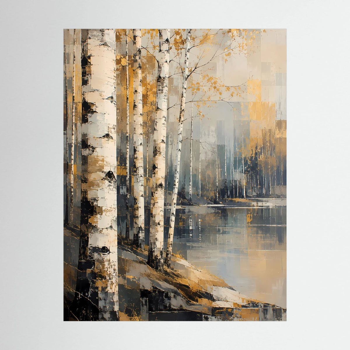 Poster im Detail: abstrakter Birkenwald mit Wasserfläche, Gold/Beige, schwarzer Rahmen