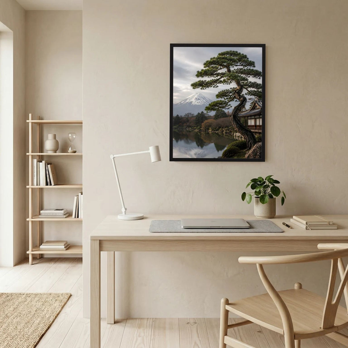 Gerahmtes Hochformat-Wandbild: Kiefer am See, Tempel und Fuji im Dunst, schwarz.