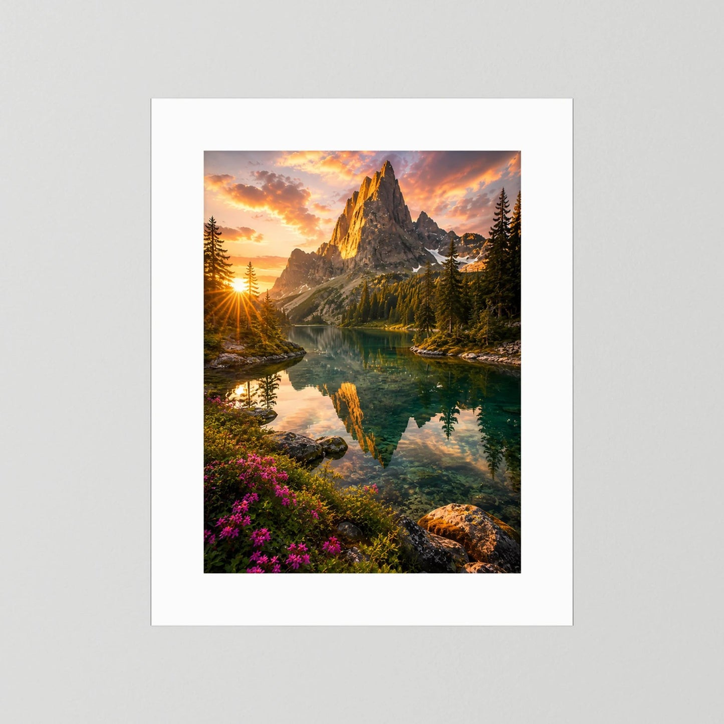 Poster im Hochformat mit Bergsee bei Sonnenuntergang mit weißem Passepartout
