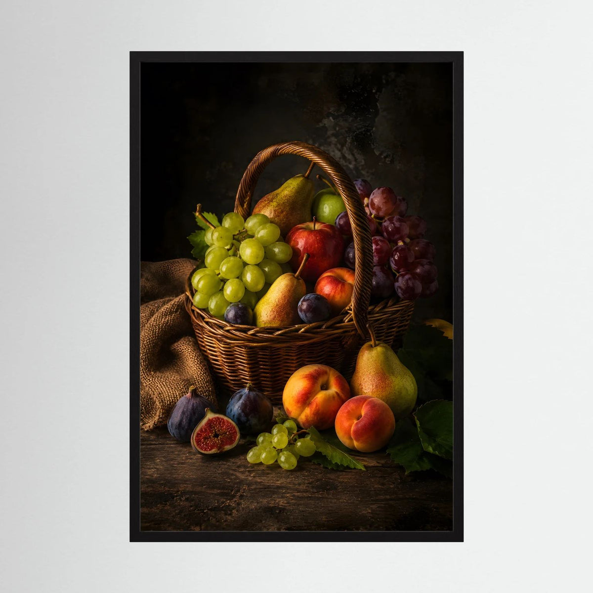 Poster mit Obstkorb-Stillleben, vertikal, schwarzer Rahmen