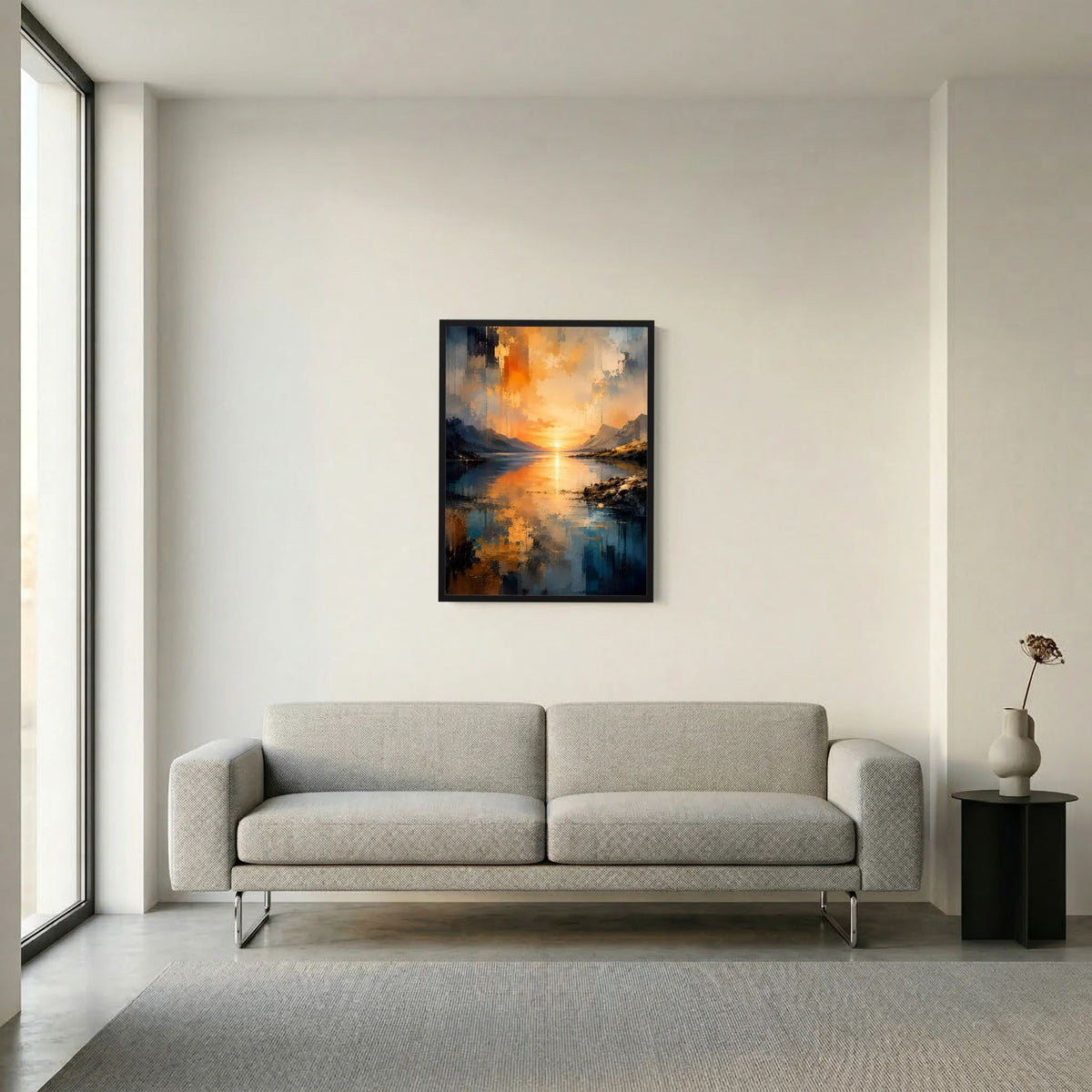 Gerahmtes Poster im Hochformat mit abstraktem See, Bergen und orange leuchtender Sonne