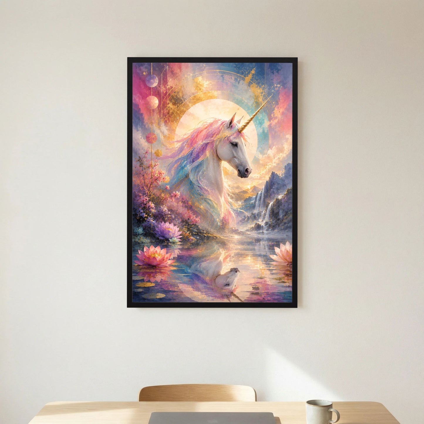 Gerahmtes Fantasy-Poster: Einhorn vor Mondkreis und Nebellandschaft, Pastellfarben, schwarzer Rahmen
