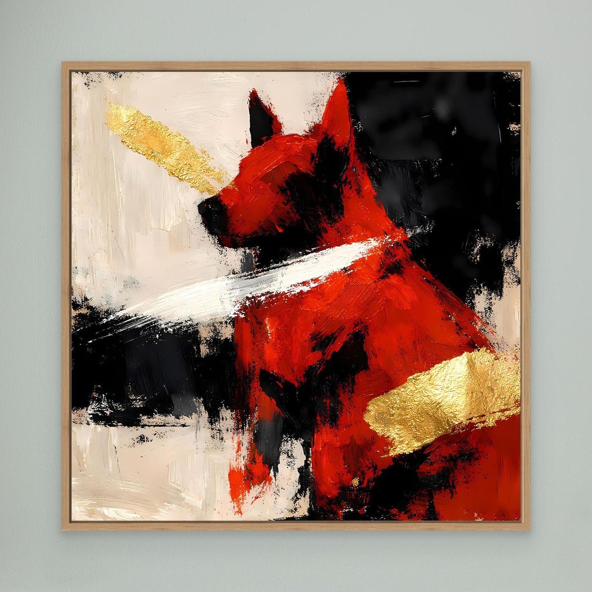 Leinwandbild mit abstraktem Hund in Rot und Gold, Eichenholzrahmen