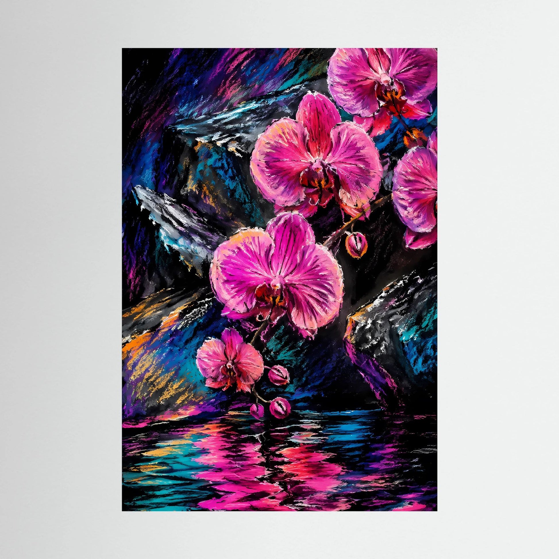 Abstraktes Blumenposter im Hochformat: pinke Orchideen und Spiegelung in leuchtenden Farben