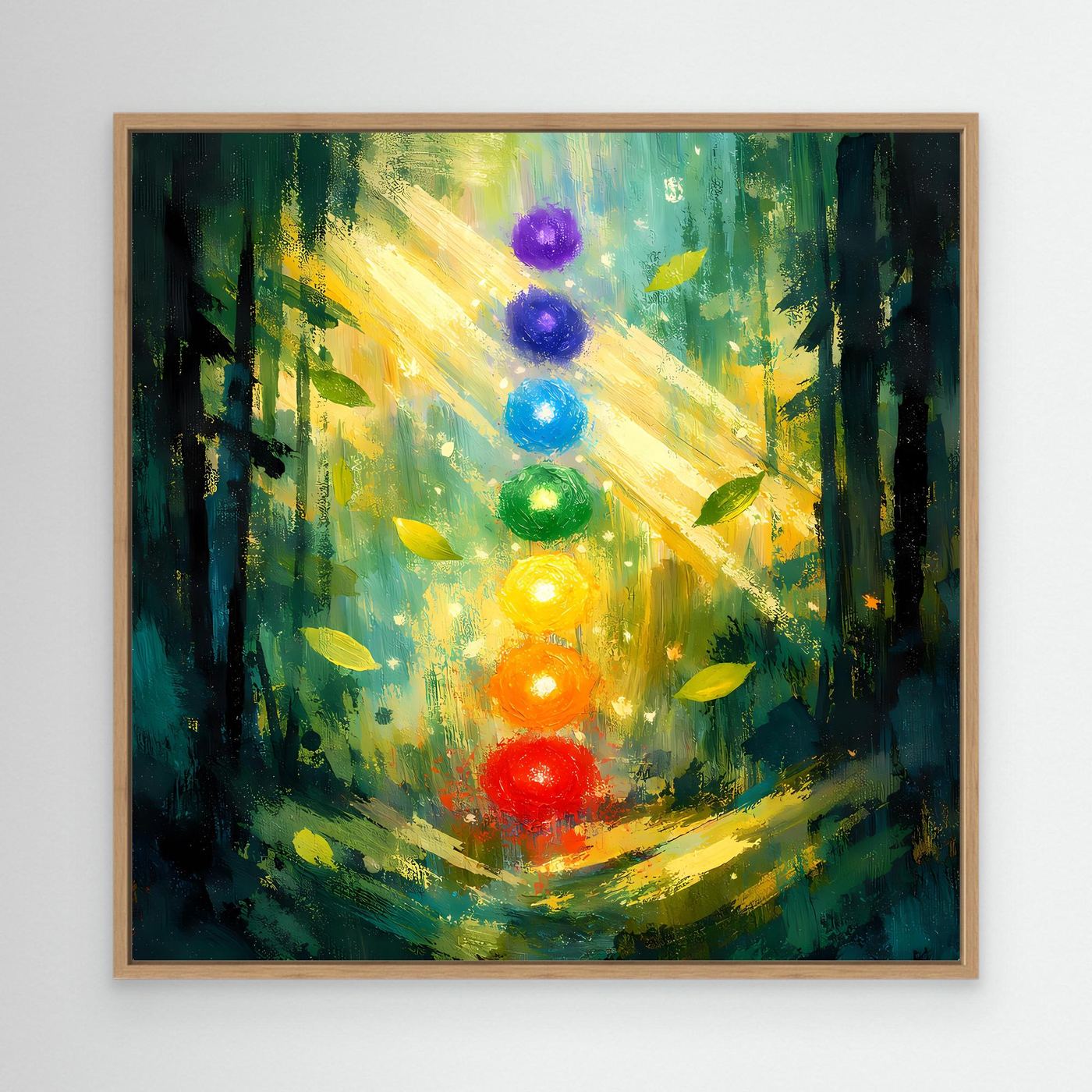 Leinwand-Wandbild mit Waldmotiv, leuchtenden sieben Chakren, Eichenholzrahmen.