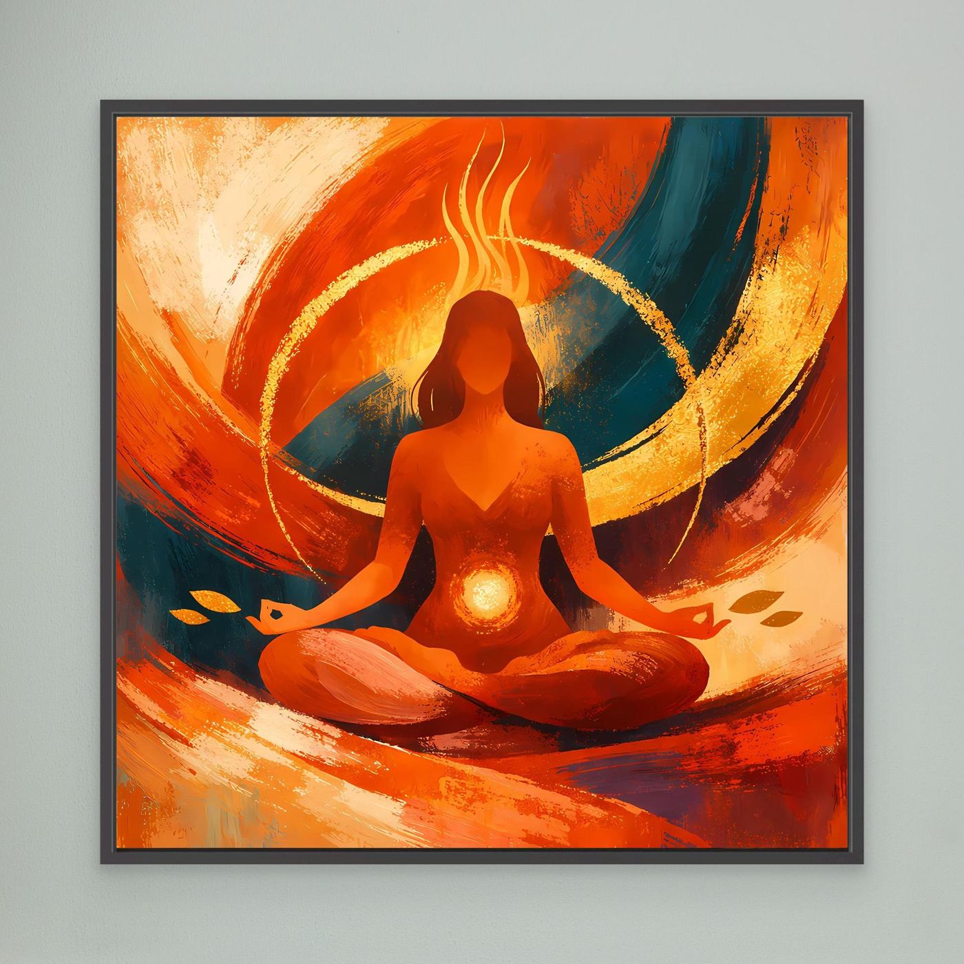 Leinwandbild mit sitzender Meditationsfigur in Orange und Blau, abstraktes Yoga Motiv, schwarz gerahmt